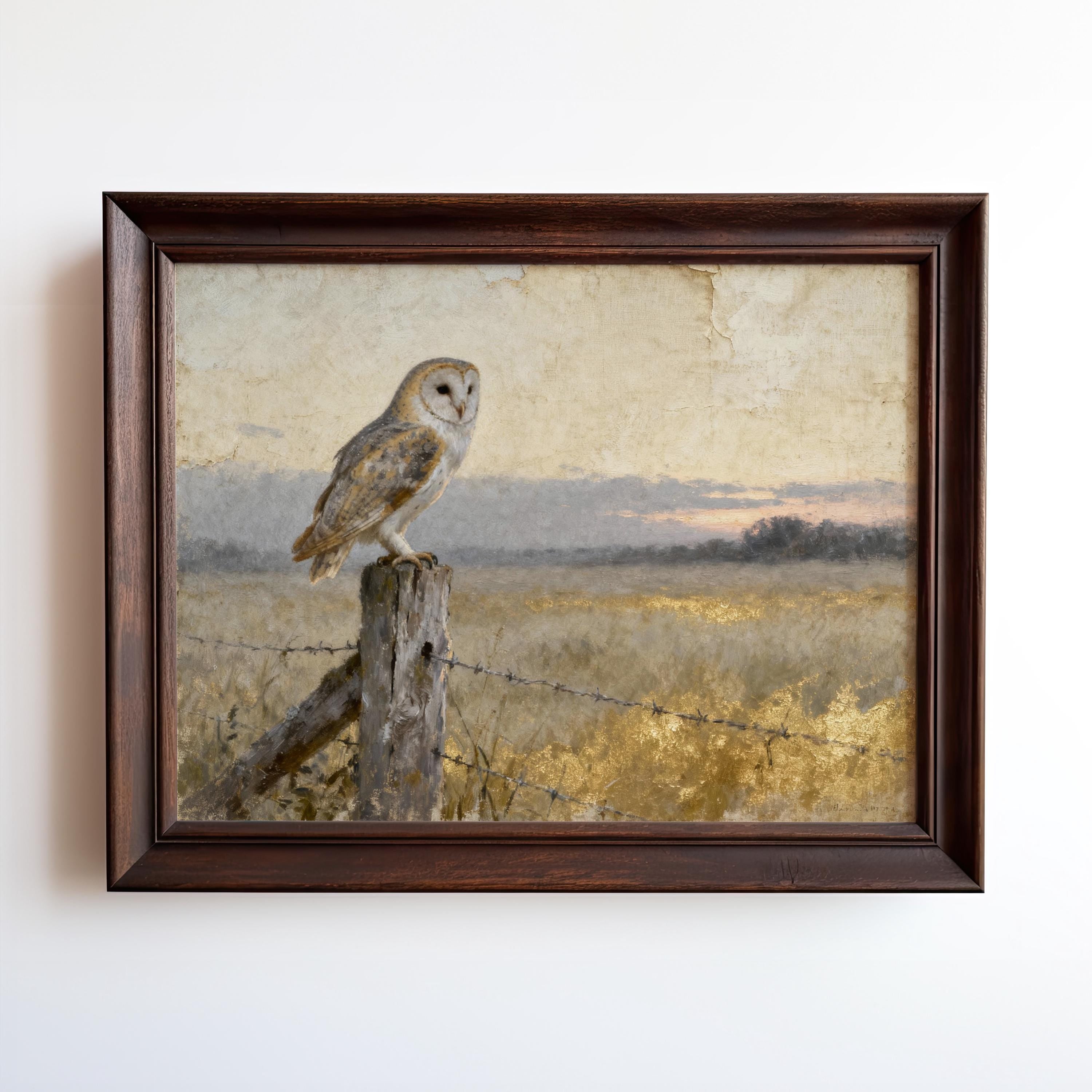 A painting of a barn owl perched on a wooden post in a field, with a fence and a hazy sky in the background.