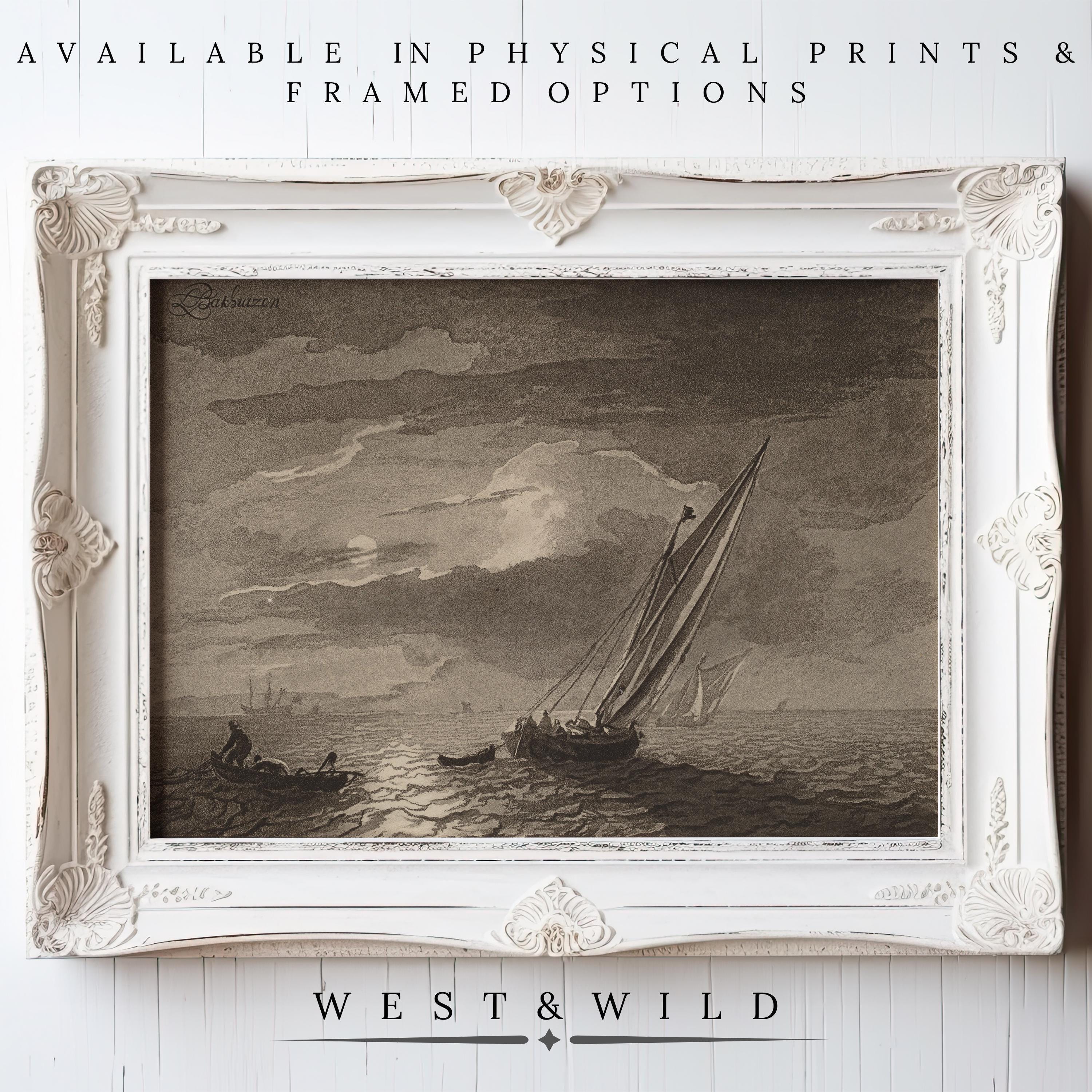 Sepia-toned Classic Sailing Artwork in an ornate white frame, labeled “Available in prints & framed options” above and “West & Wild Art Archive” below. Archival quality ensures lasting beauty. Perfect nautical art decor or sailor’s gift.