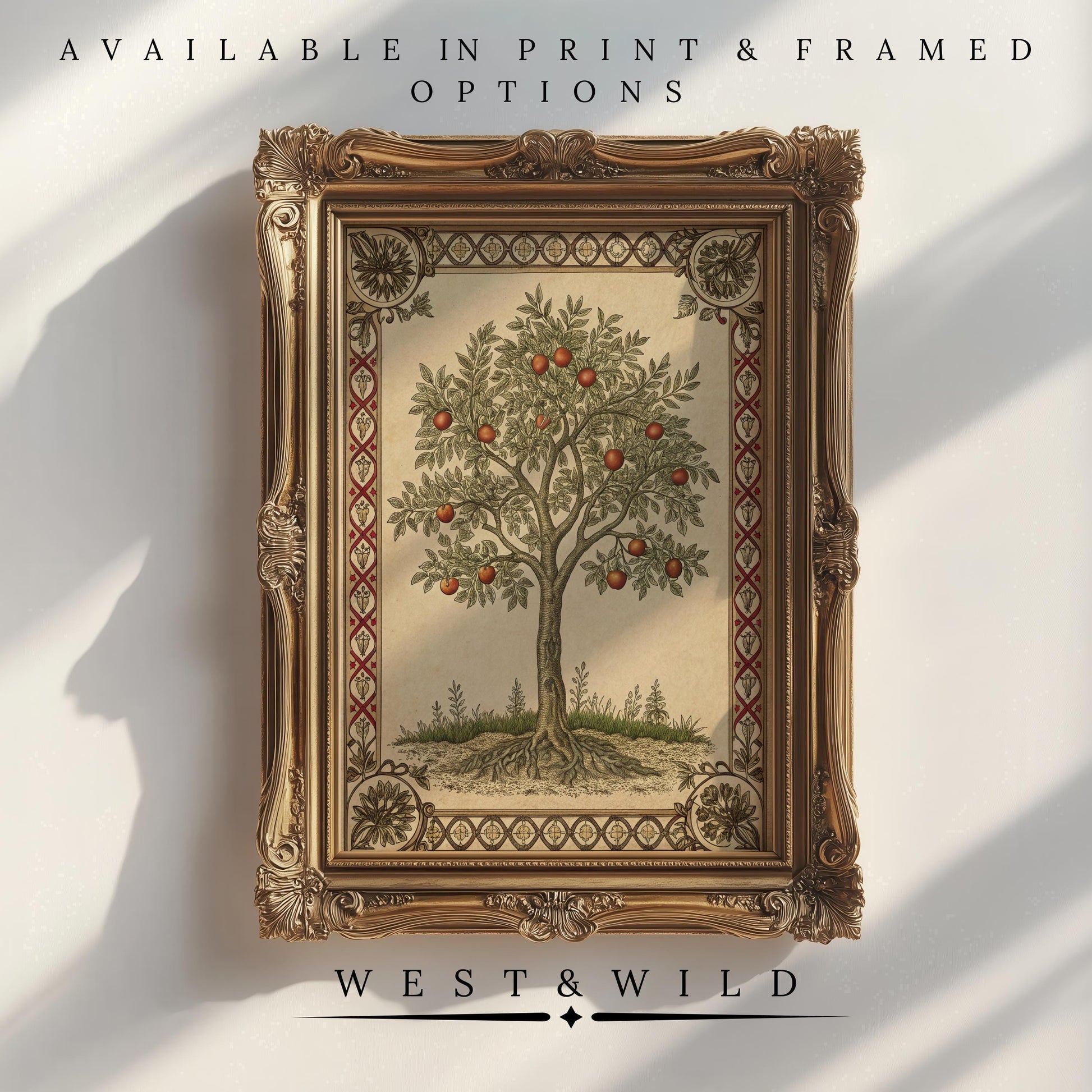 A framed Victorian wall art print featuring a vintage fruit tree with red apples, ornate gold frame, and decorative border. Available as archival quality print or framed art. Product: Vintage Tree Painting by West & Wild.