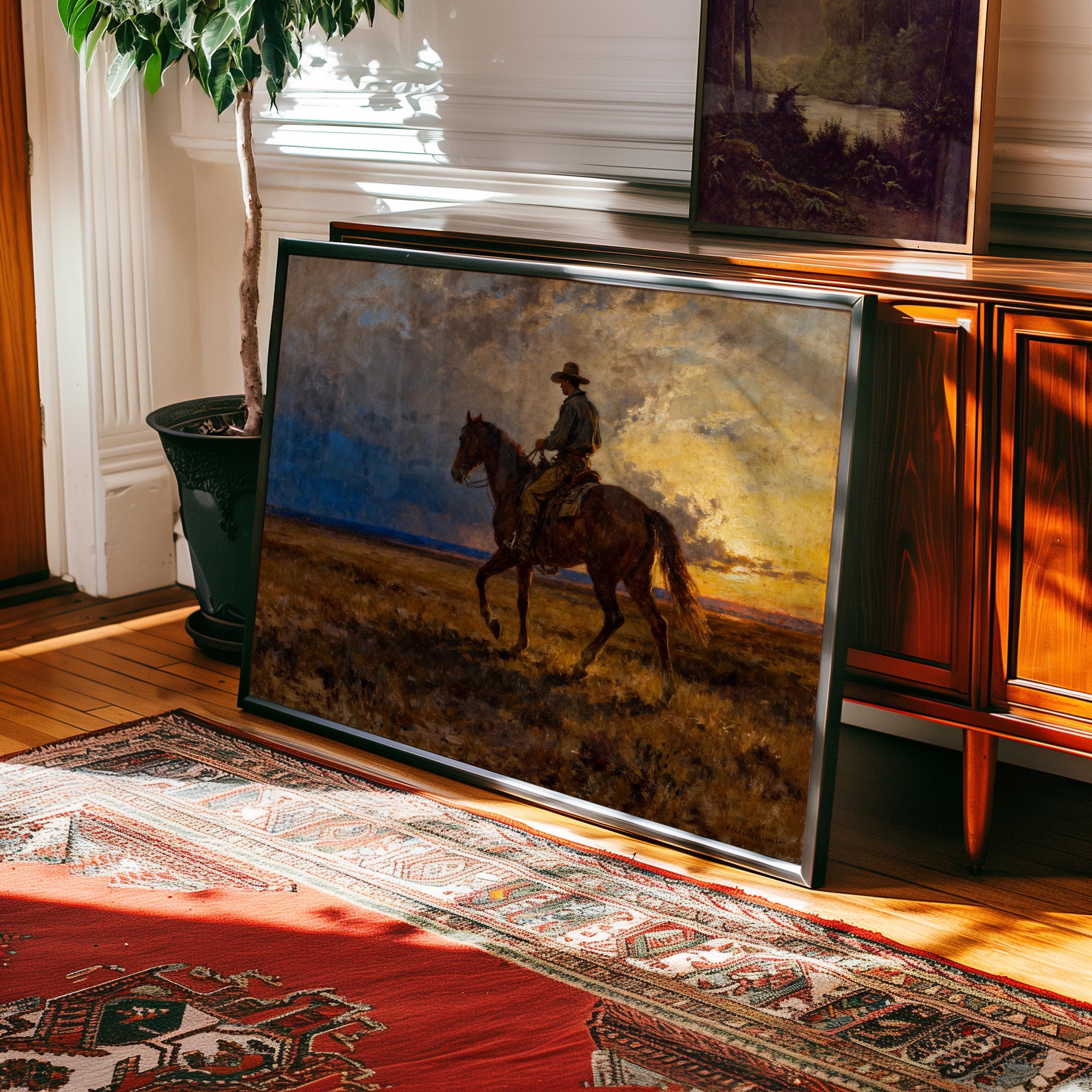 a painting of a man riding a horse in a field, with a wooden cabinet and a rug in the foreground.