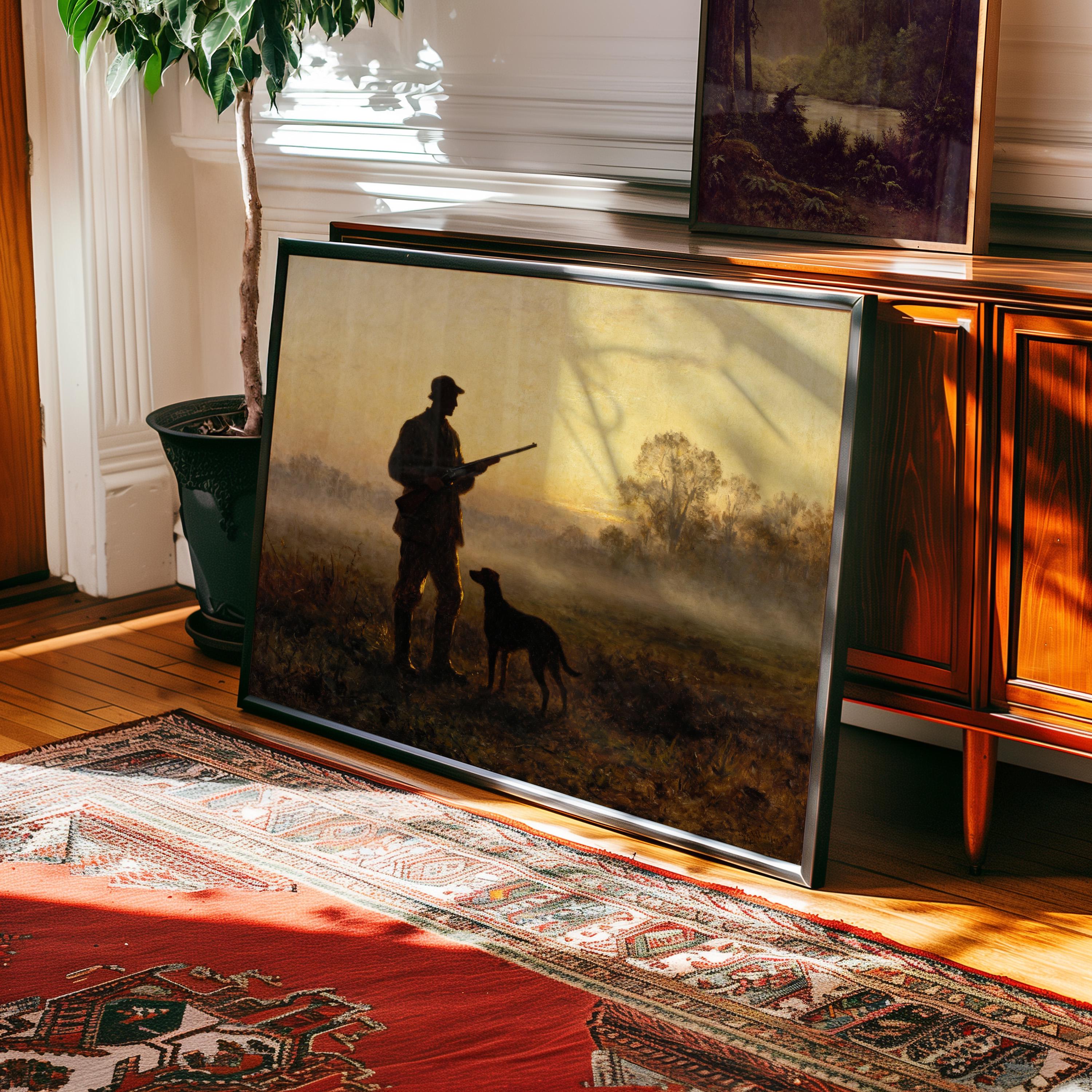 a large framed painting depicting a man with a rifle and a dog in a field, with a hazy landscape in the background.