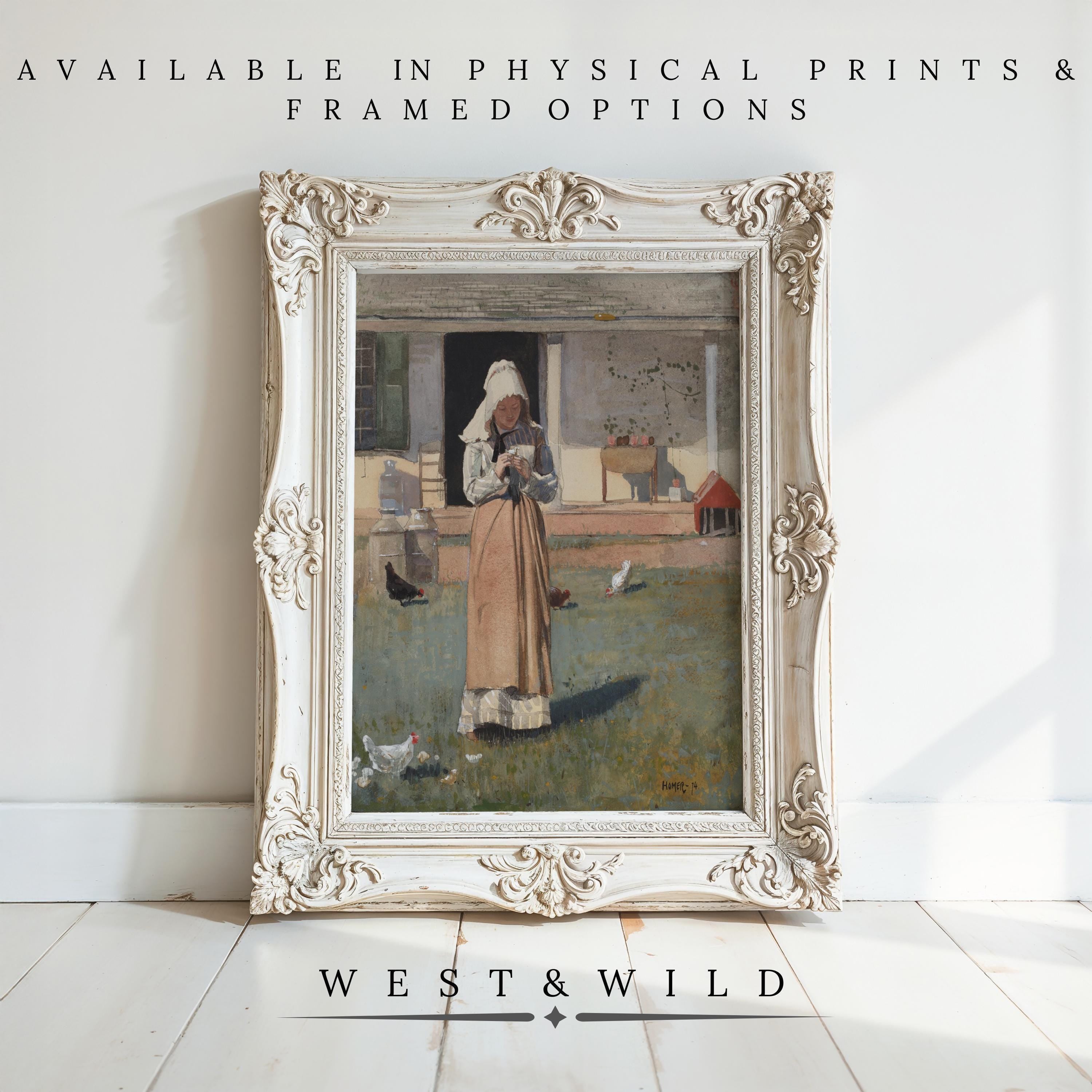 A vintage-style framed painting of a woman feeding chickens stands against a white wall on a wooden floor. Vintage Farm Painting - Rustic Wall Decor | Modern Farmhouse Art Prints Framed - Vintage Art Prints & Framed Art.