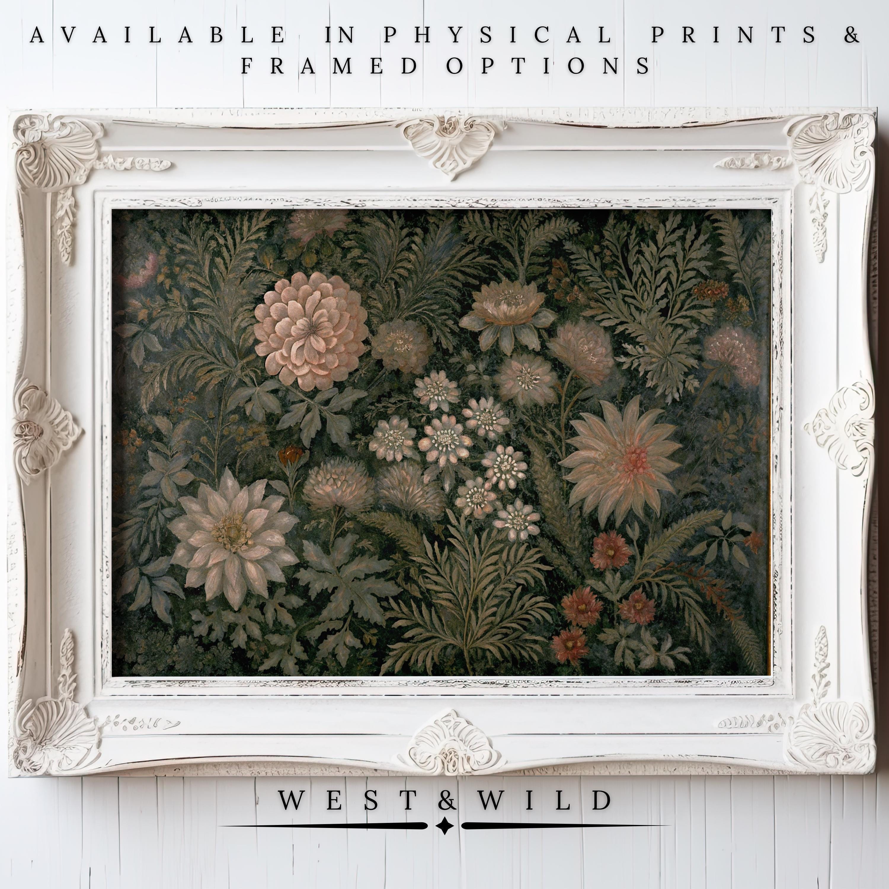 A Vintage Pink Dahlia Art print, featuring muted pink florals and green foliage in an ornate white frame, hangs on a white wall. Text above: Available in museum grade prints & framed options. Below: Vintage Pink Dahlia Art – WEST&WILD.