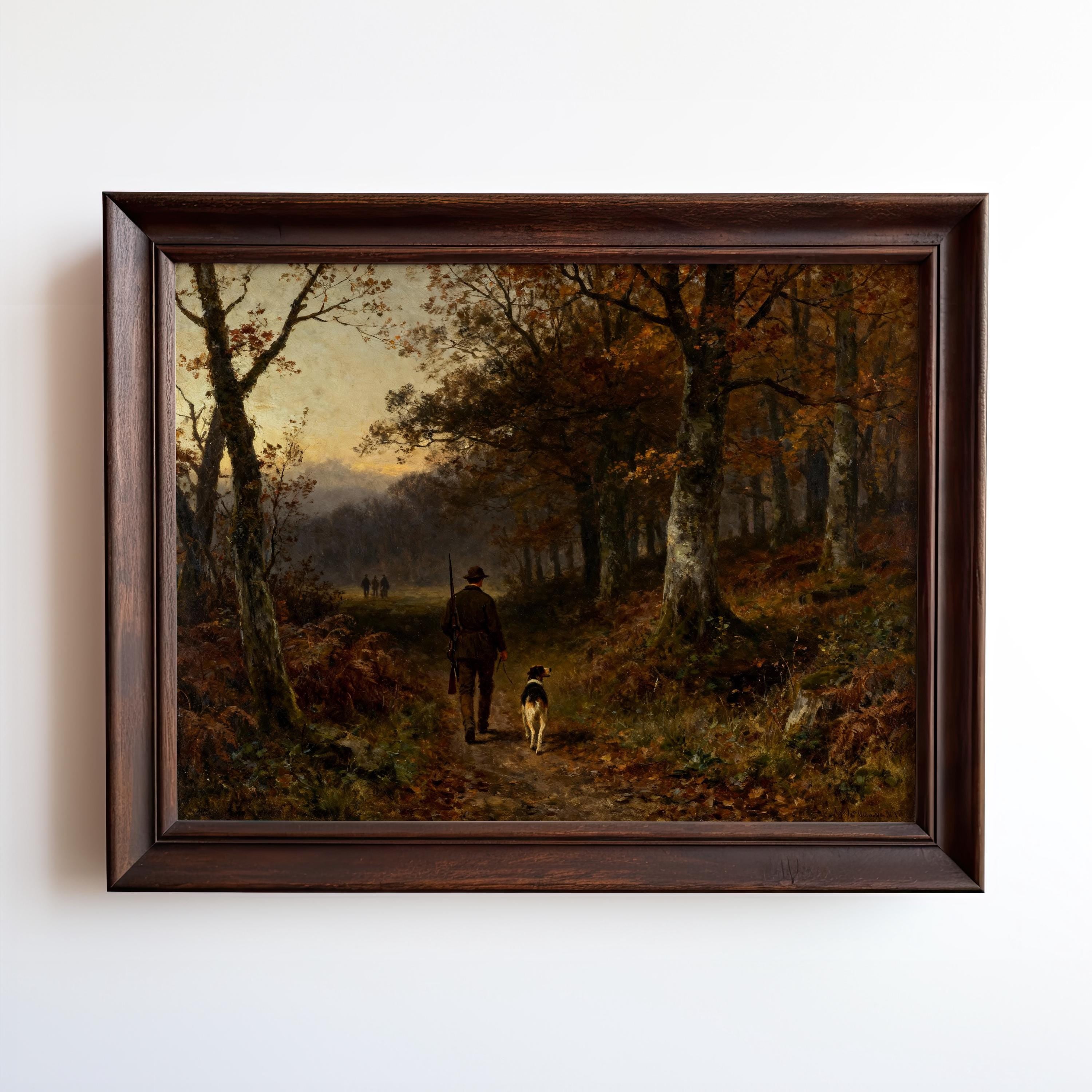 The Rustic Cabin Wall Decor showcases a vintage autumn forest print with a hunter and dog beneath tall trees and a golden sky. This archival-quality, framed woodland art adds timeless beauty and character to any space.