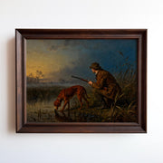 A painting of a man in hunting gear crouching down and aiming a rifle at a dog in a field, with a misty landscape in the background.
