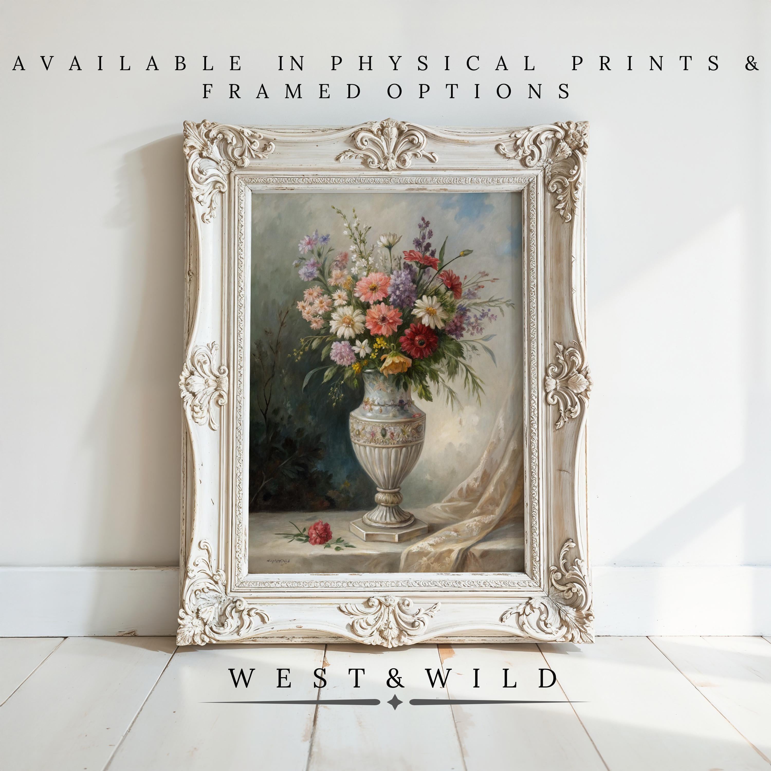 A vintage flower watercolor print in an ornate white frame sits on the floor. Text: Vintage Flower Watercolor Painting – Classic Victorian Botanical Art Prints & Framed Art from West & Wild Art Archive.