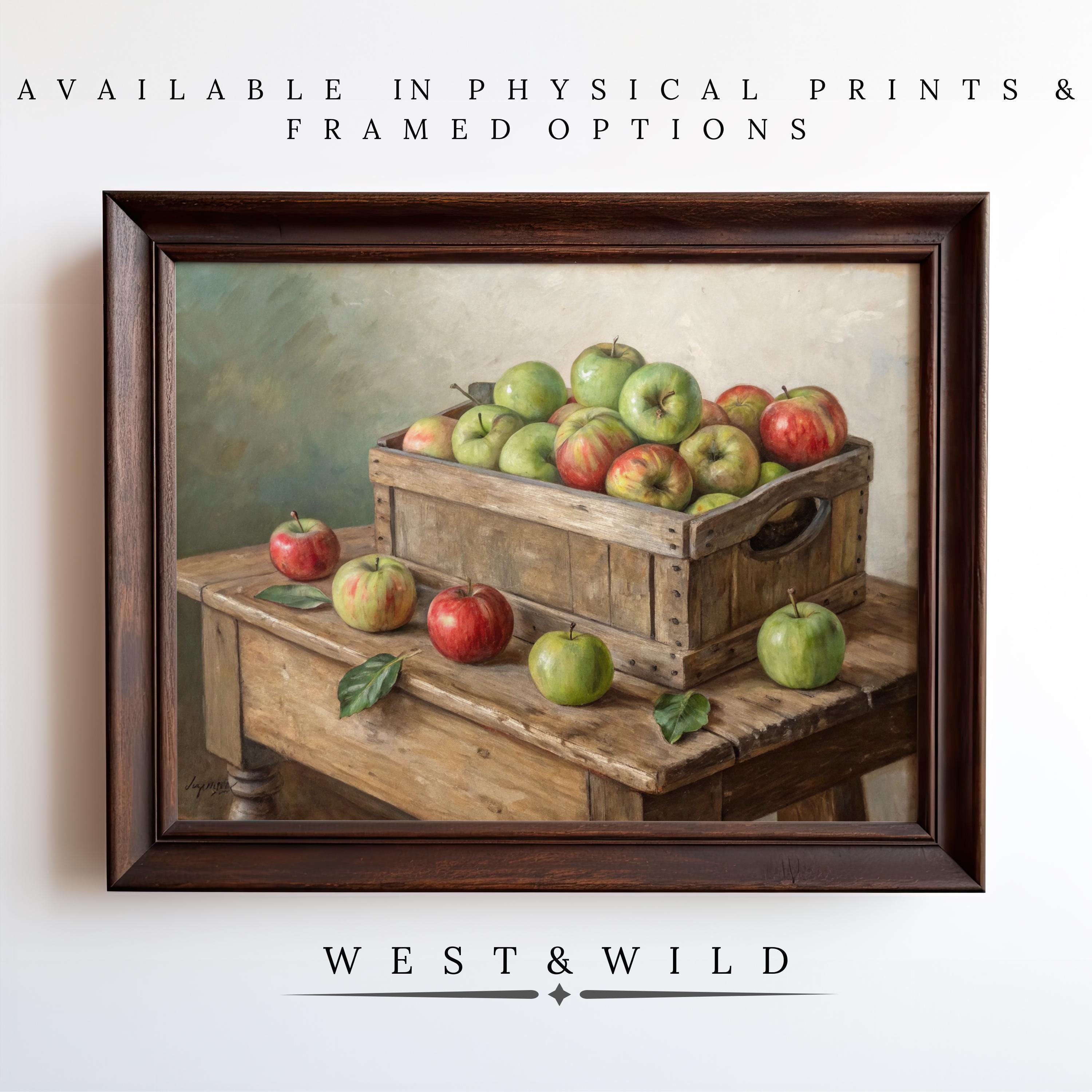 Bring farmhouse charm to your space with the Vintage Apple Painting – Rustic Apple Artwork. This archival quality print features a wooden crate of apples and is available as a vintage art print or framed art from West & Wild Art Archive.
