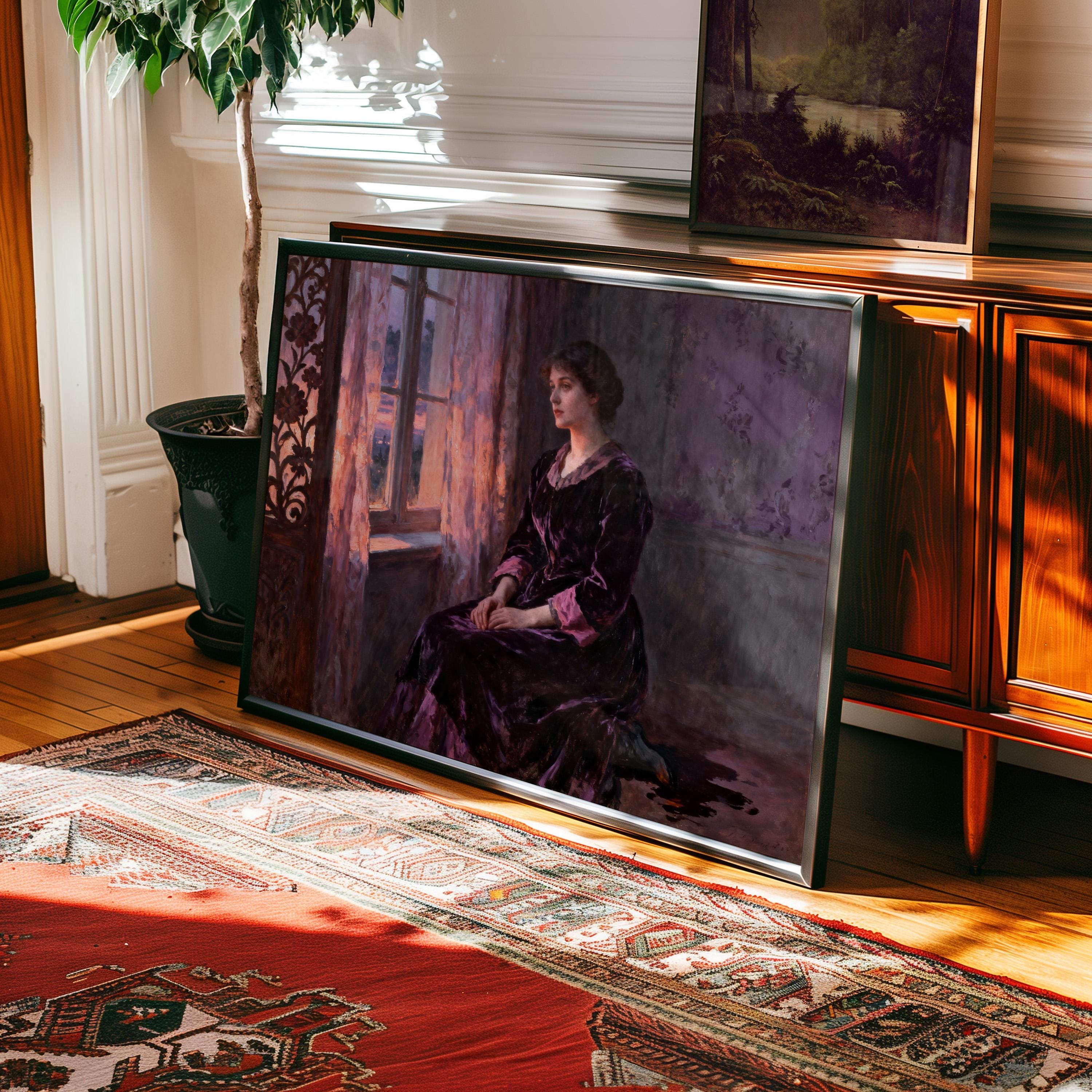 a large painting of a woman in a purple dress, displayed on a wooden frame and placed on a rug in a room with a wooden cabinet and a potted plant.