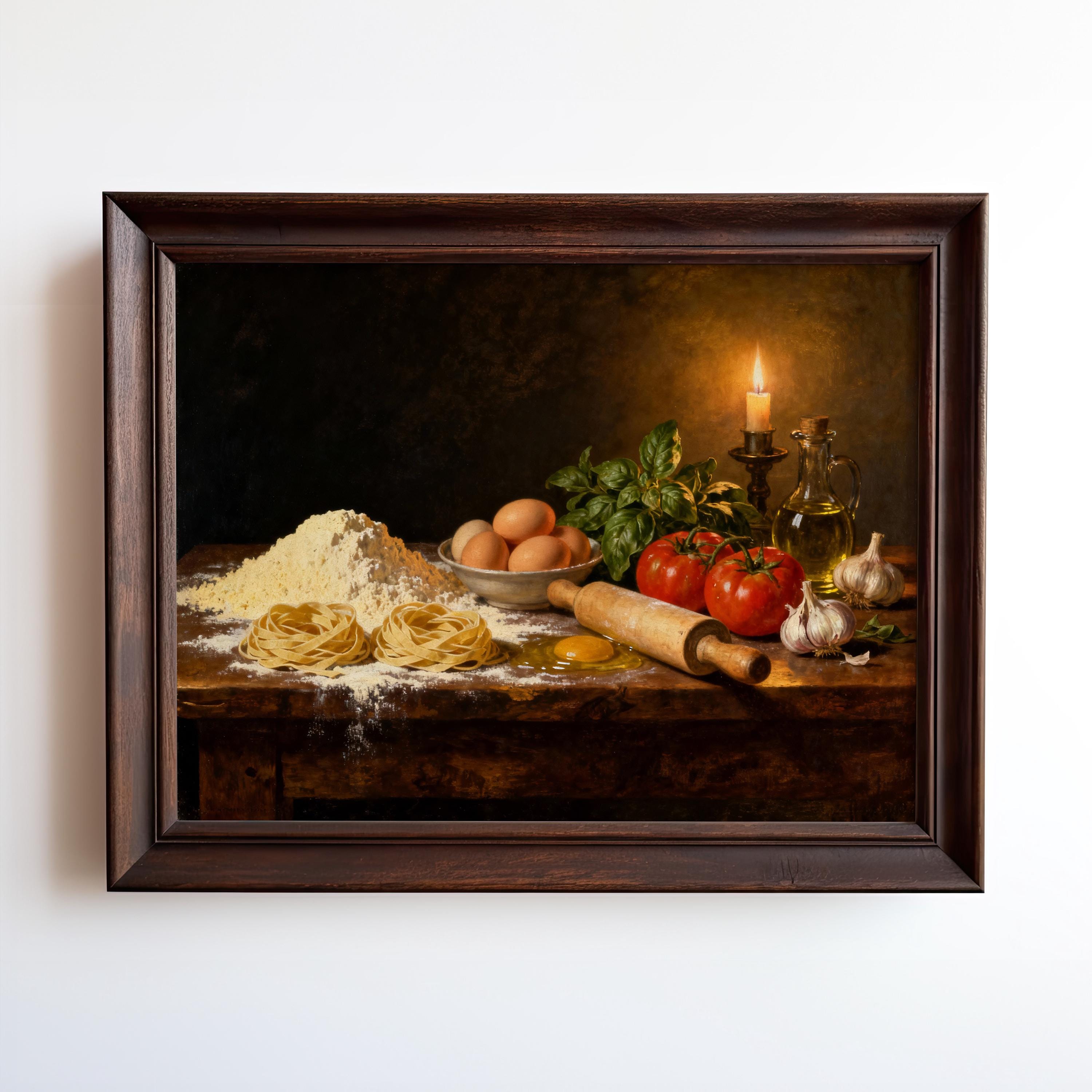 The Rustic Kitchen Art Print – Vintage Italian Cooking Scene is a farmhouse wall decor featuring pasta, eggs, and basil on wood—a vintage art print from the West & Wild Art Archive. Archival quality, available as framed art.