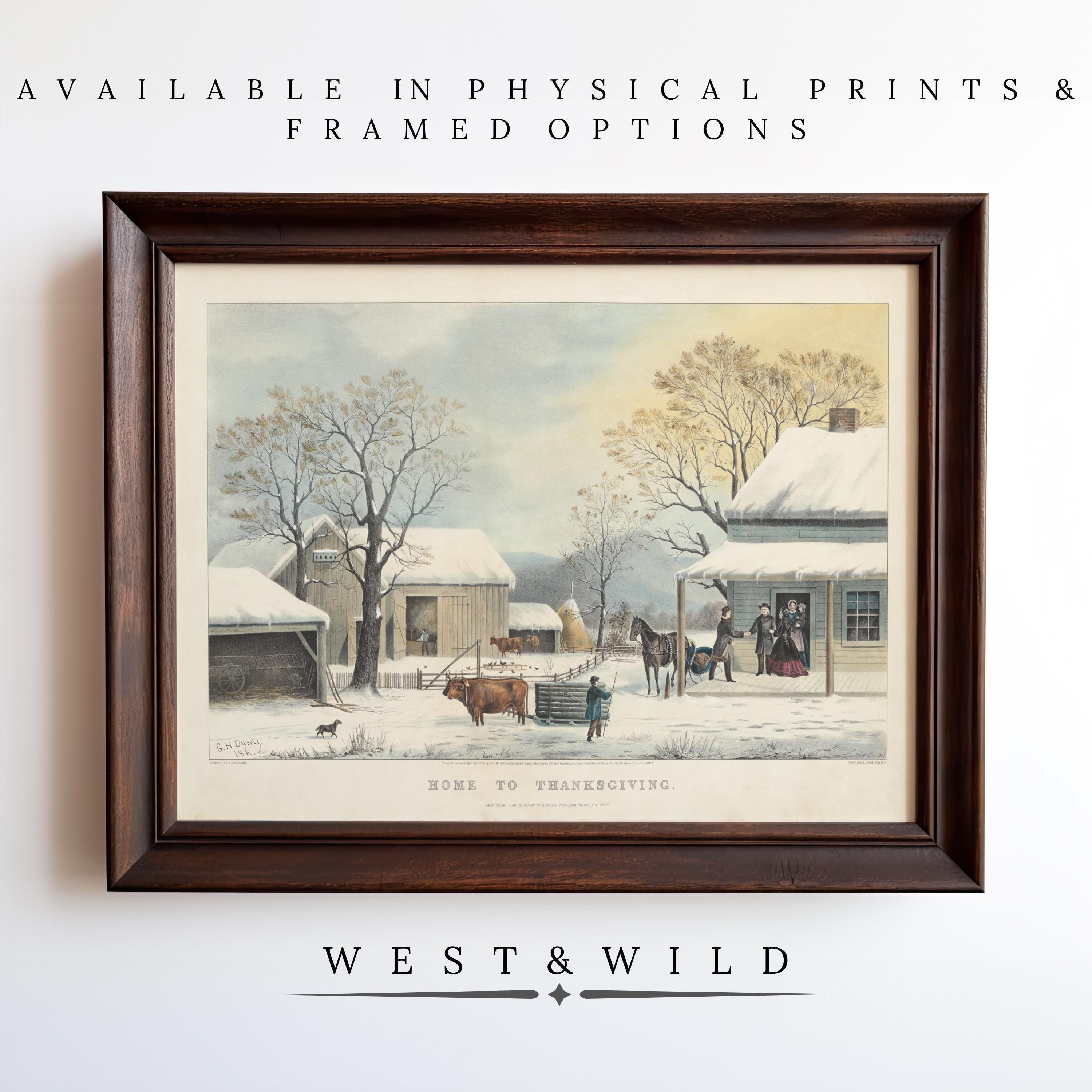 Currier Ives Wall Art – a vintage American winter farm scene print titled "Home to Thanksgiving," featuring people, horses, and houses. Archival quality, available as rustic farmhouse prints or framed art from West & Wild Art Archive.