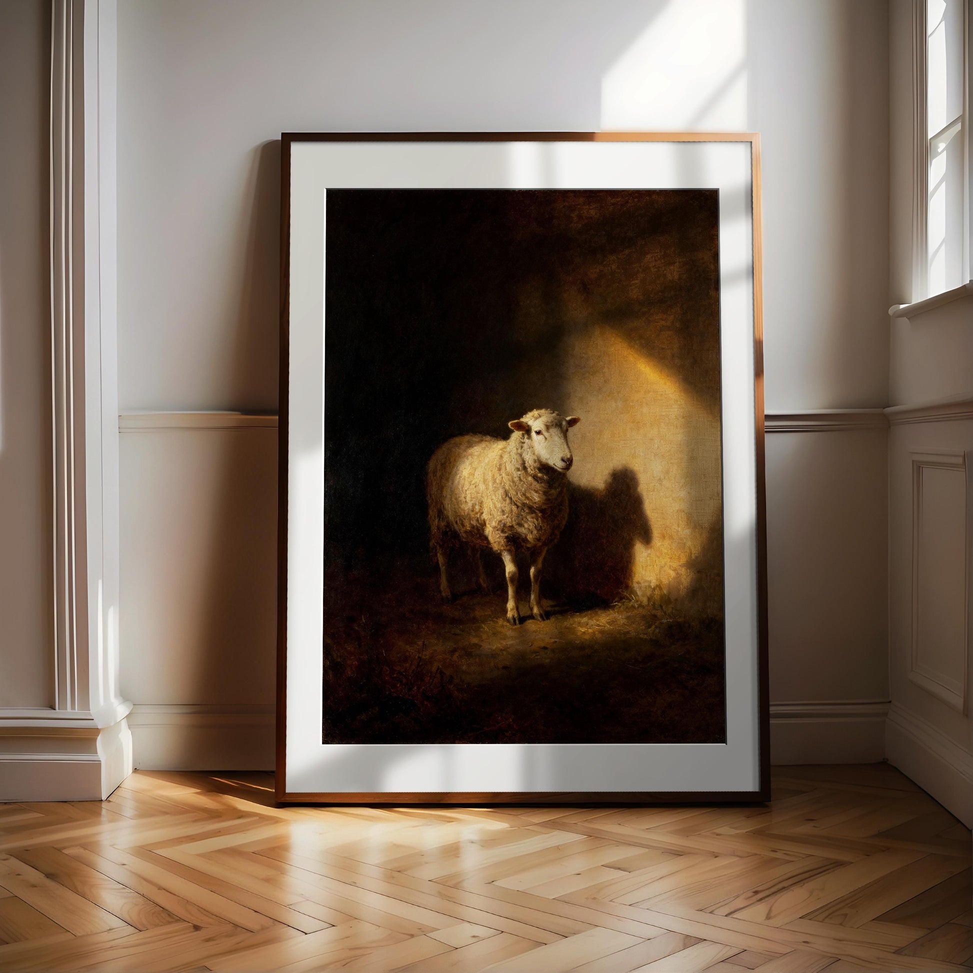 a large painting of a sheep standing in a dark, shadowy environment, with a warm, glowing light source illuminating the scene.