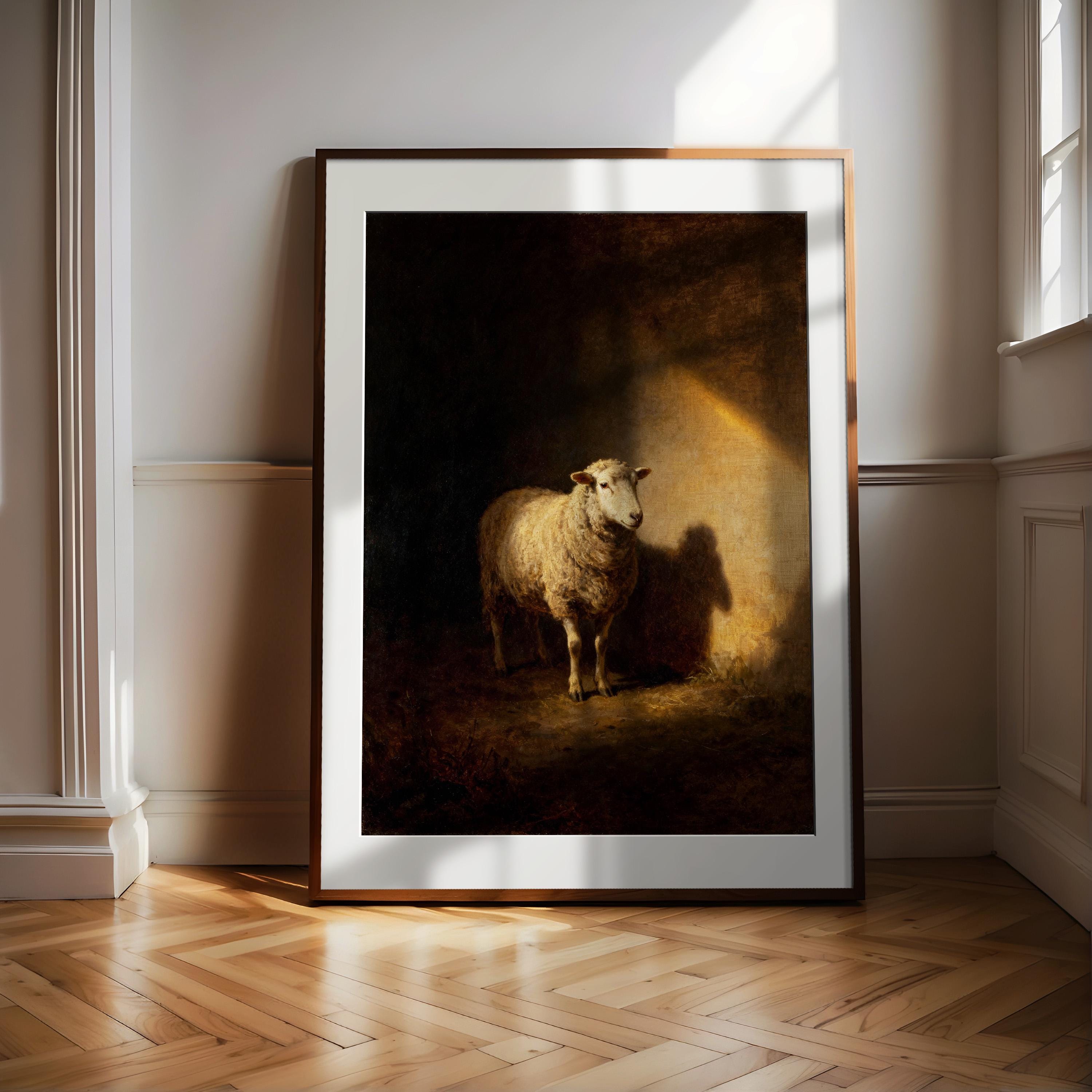 a large painting of a sheep standing in a dark, shadowy environment, with a warm, glowing light source illuminating the scene.