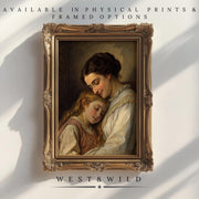 A framed “Mother Daughter Wall Art – Framed Vintage Painting, Classic Mother Art Gift” hangs on a wall, featuring a woman embracing a girl. Text above reads “Vintage Art Prints & Framed Art,” with “West & Wild Art Archive” below.