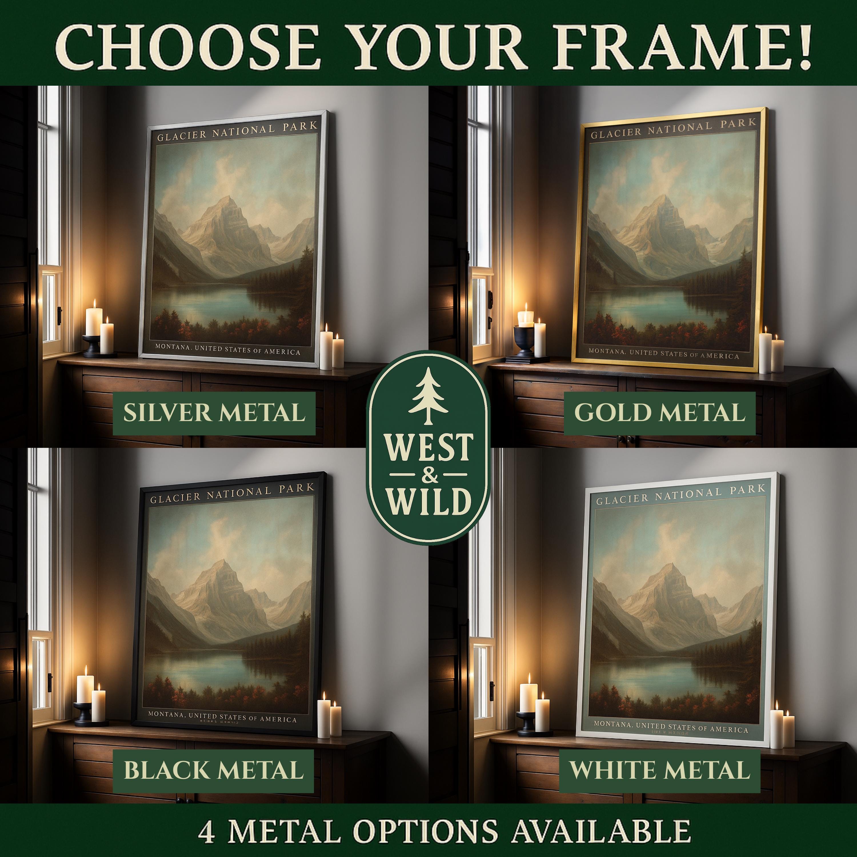 Four premium metal frame finishes for all West & Wild Art Archive prints: Silver, Gold, Black, and White metal options.