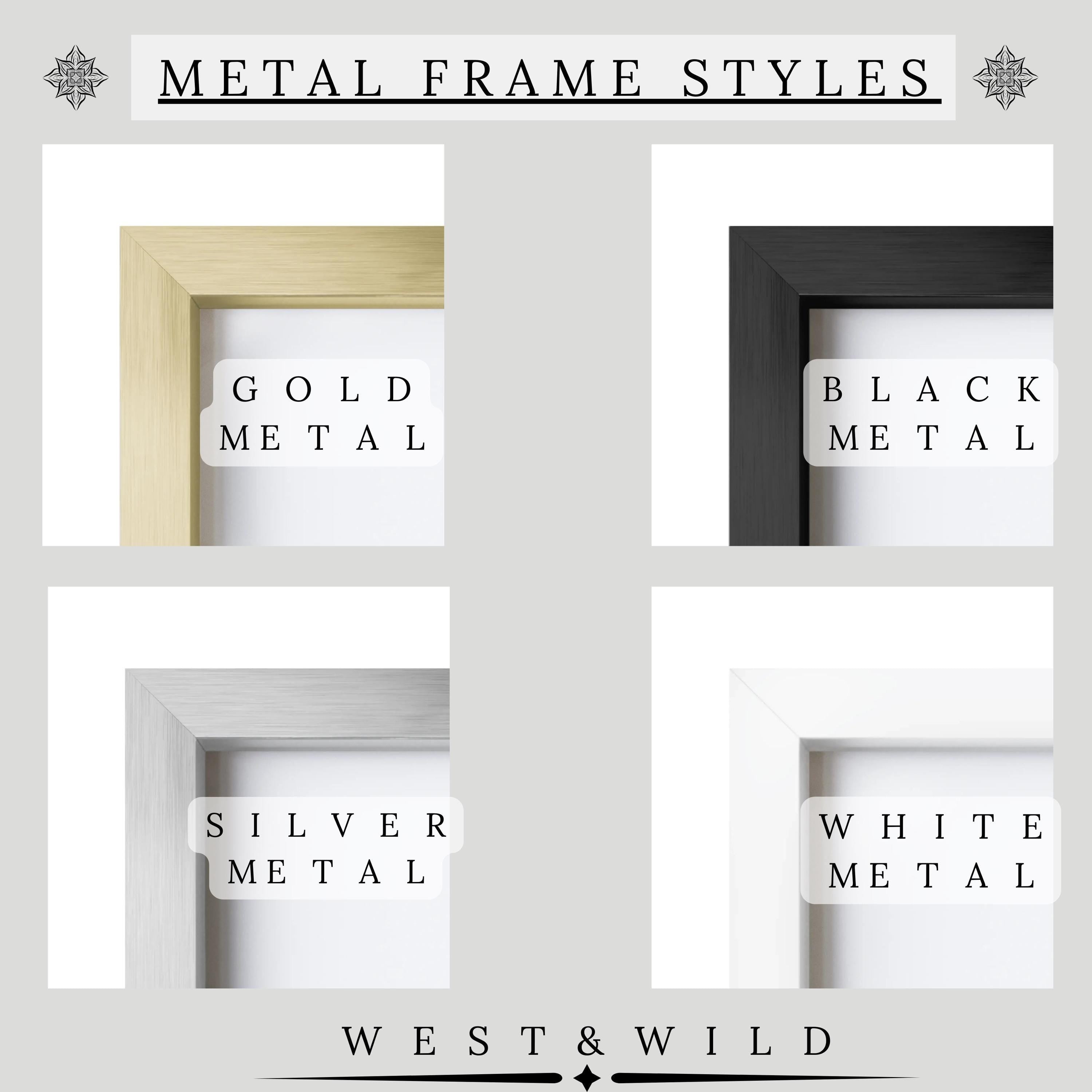 A graphic shows four metal frame styles—gold, black, silver, and white—as labeled corner samples. The heading reads “Metal Frame Styles” by “West & Wild Art Archive”—ideal for the Mississippi River Steamship Painting vintage art print.