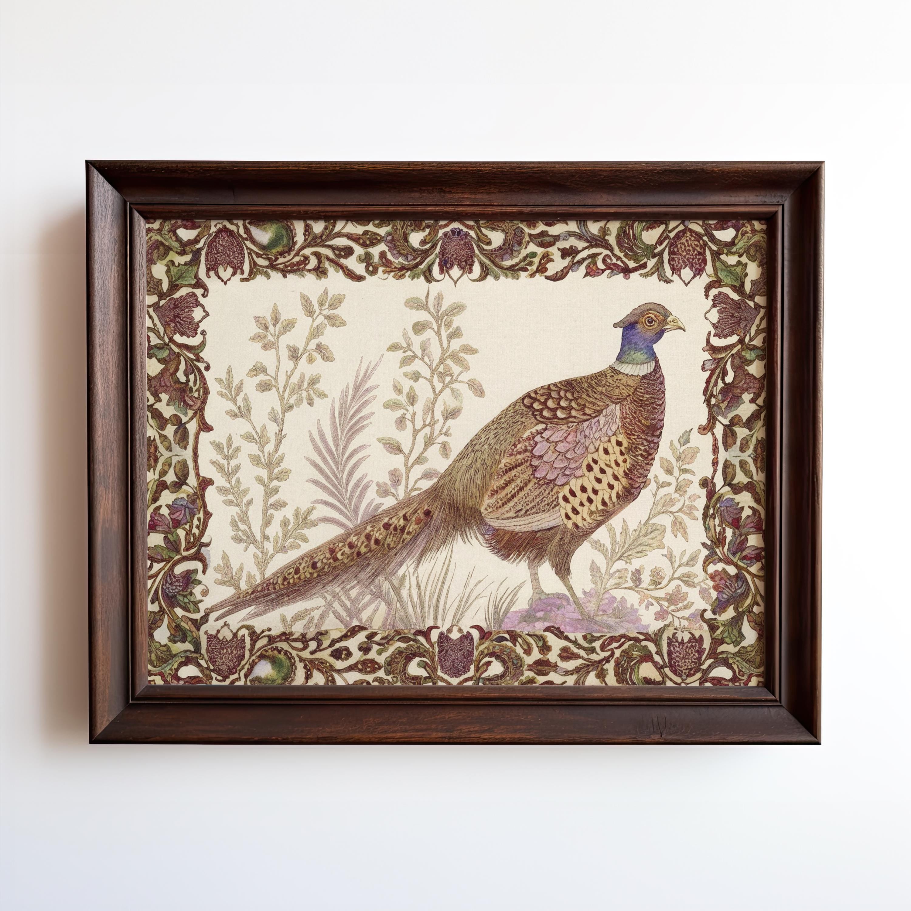 The Framed Pheasant Painting is a vintage bird art print with a floral border, ideal for dining rooms—part of the Vintage Art Prints & Framed Art collection from the West & Wild Art Archive, shown against a plain white wall.