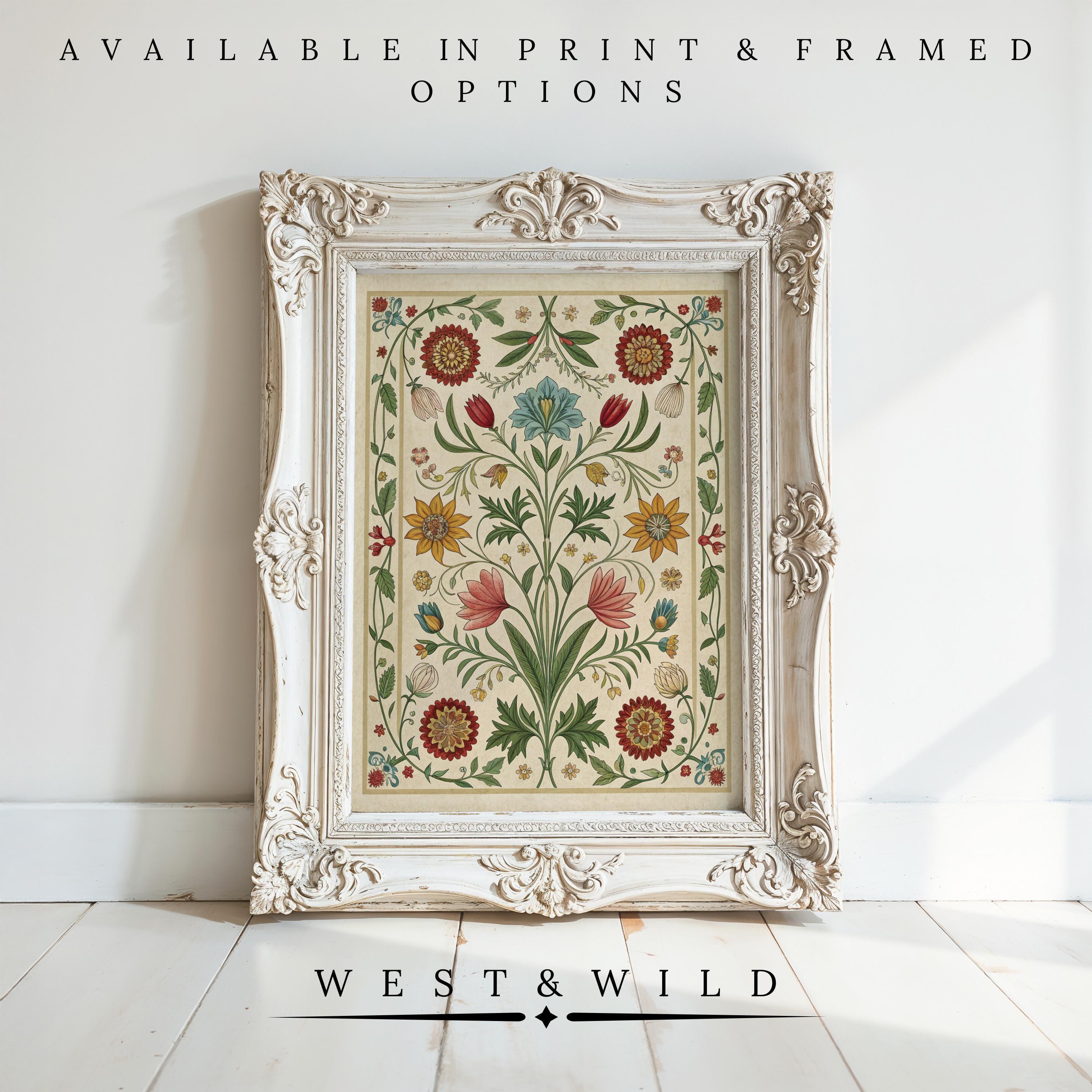 A Vintage Flower Art Print in an ornate white frame rests against a white wall on wooden flooring. Above: "Available in archival quality print & framed options." Below: "Vintage Flower Art Prints - Framed Floral Wall Art & Botanical Illustration.