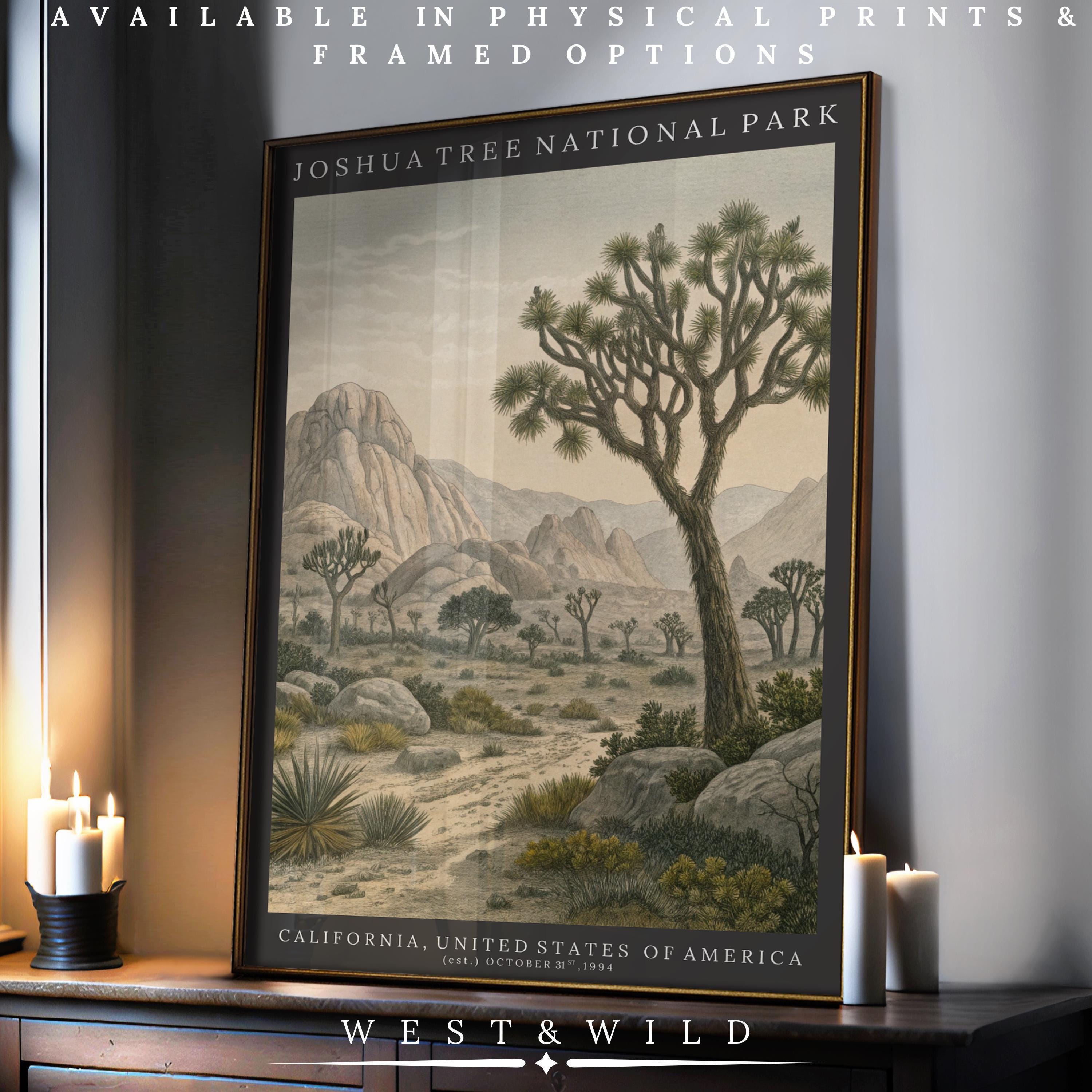 A Vintage Travel Poster – Joshua Tree National Park Retro Nature Art Desert Landscape Print from West & Wild Art Archive leans against a wall near candles, featuring museum-grade vintage art with park-themed text and print options.