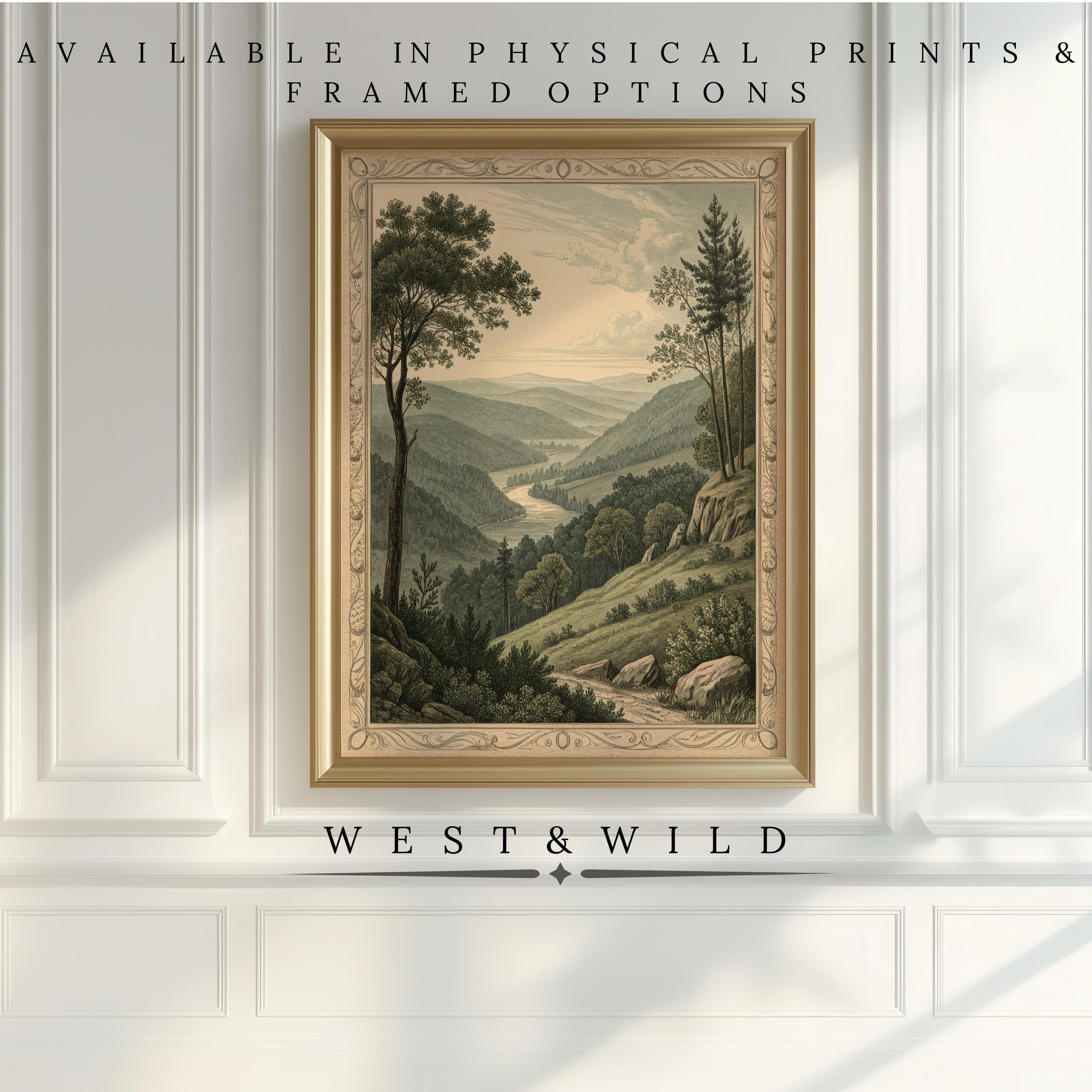 A framed Vintage Mountain Art etching with a Victorian border hangs on a white paneled wall. Text above and below reads “Available in vintage art prints & framed options – Classic Etching Artwork from West & Wild Art Archive.”.