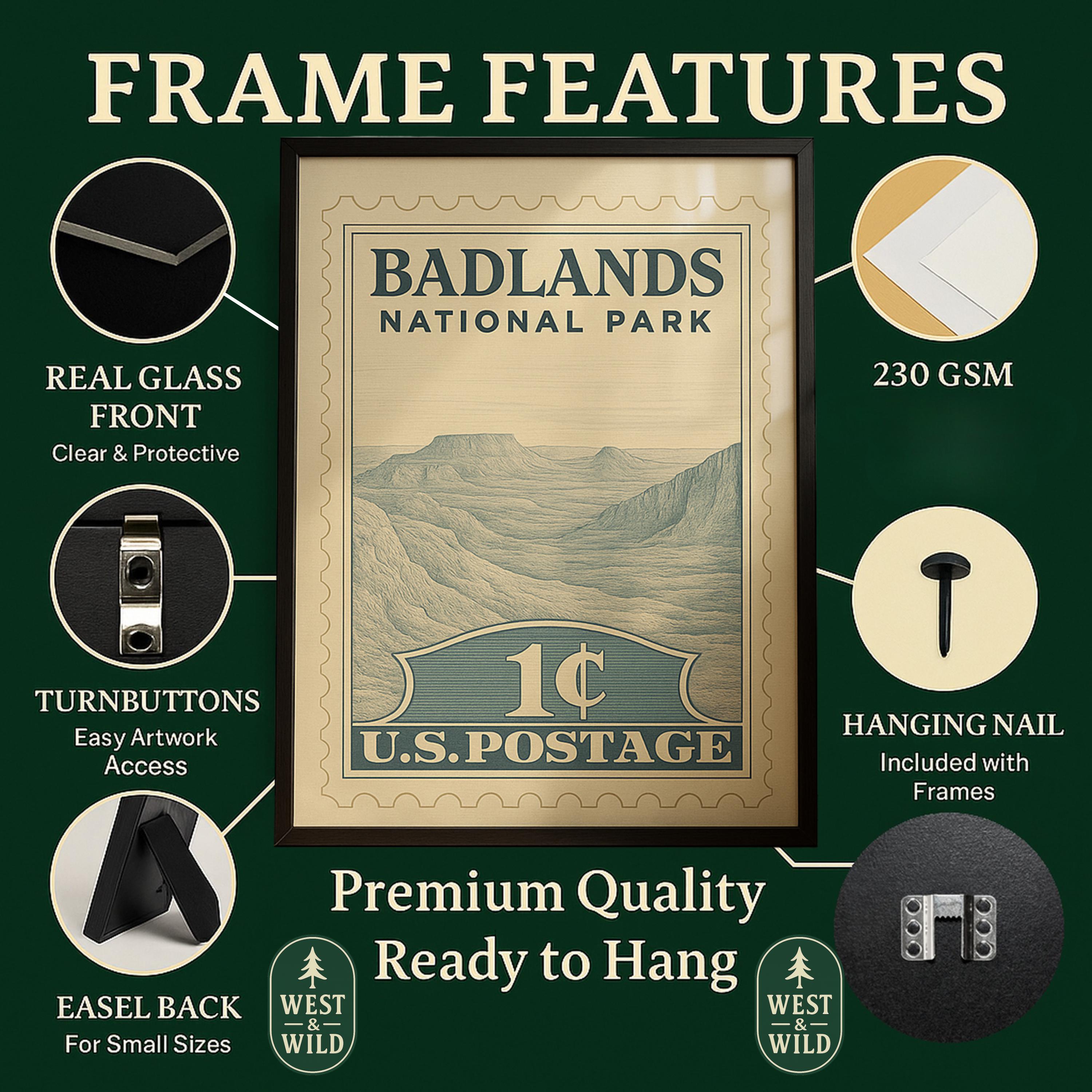 A framed Blue Heron Wall Art – Vintage Bird Print is shown with labeled features: real glass front, turnbuttons, easel back, 230 GSM paper, hanging nail & Premium Quality Ready to Hang—perfect for farmhouse decor on a green background.