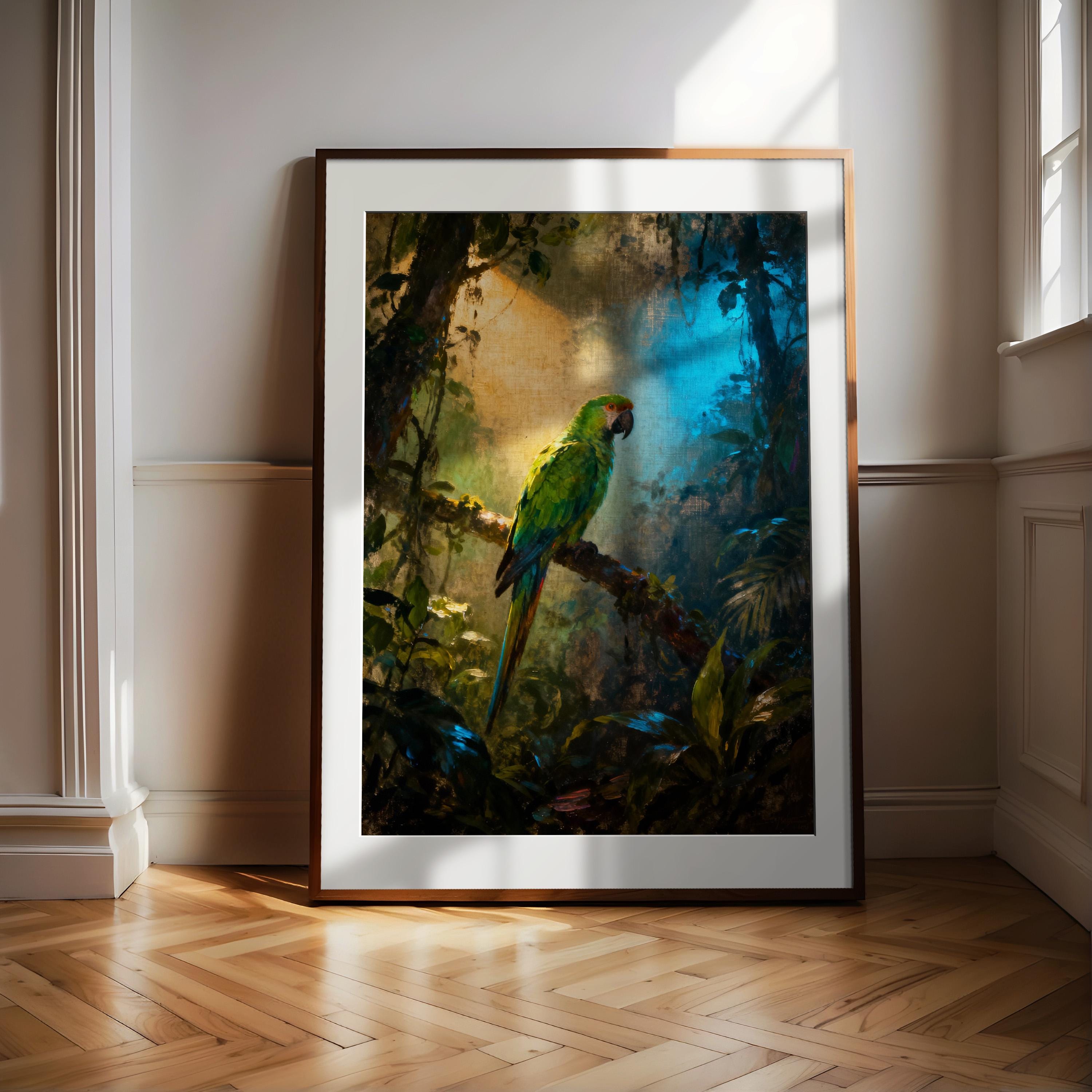 A framed painting of a vibrant green parrot perched on a branch in a lush, tropical forest setting.