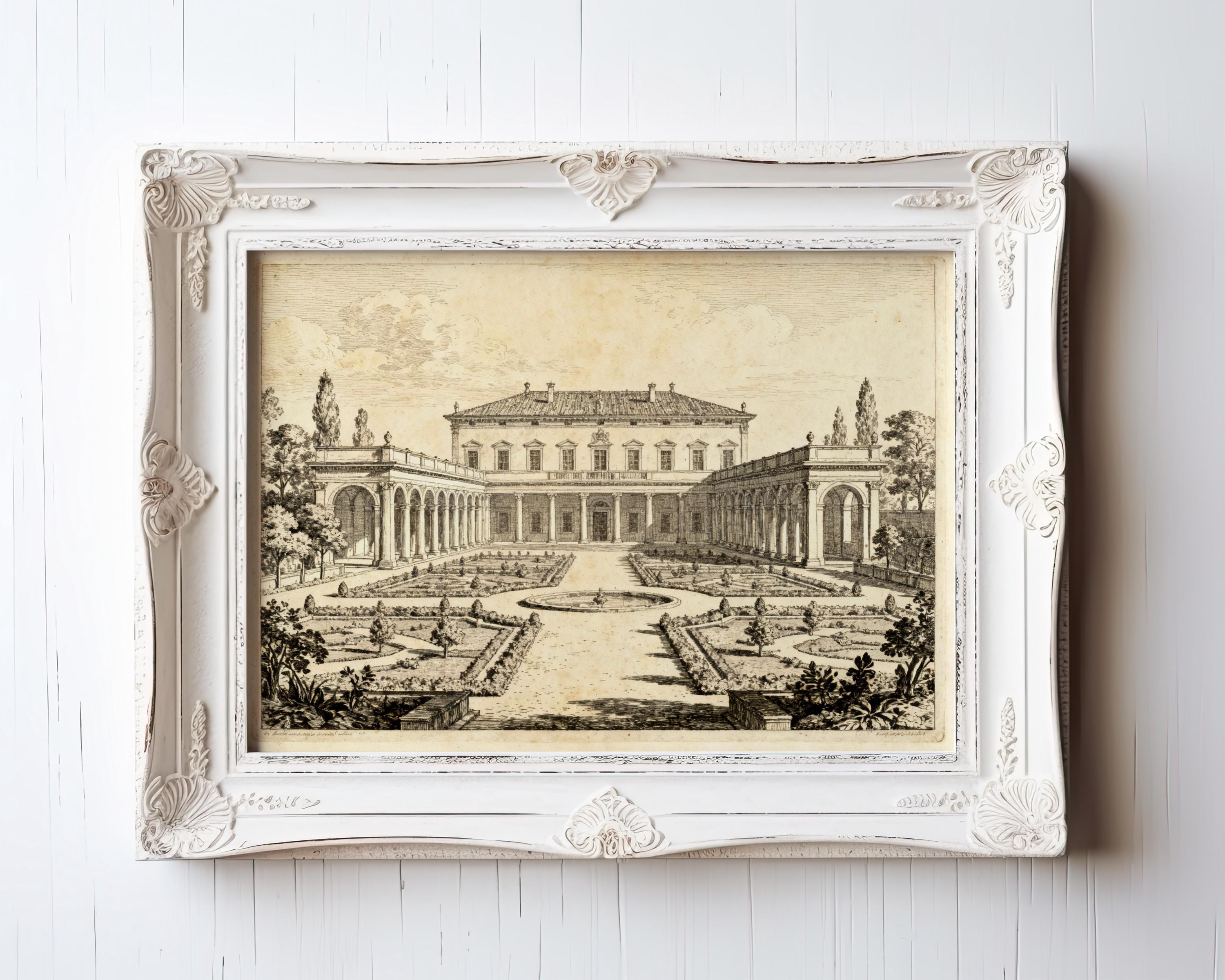 The Italian Villa Art Print features a vintage architectural garden courtyard, framed in wood or metal from the West & Wild Art Archive. Archival quality ensures lasting beauty for this elegant vintage art print and framed wall decor.