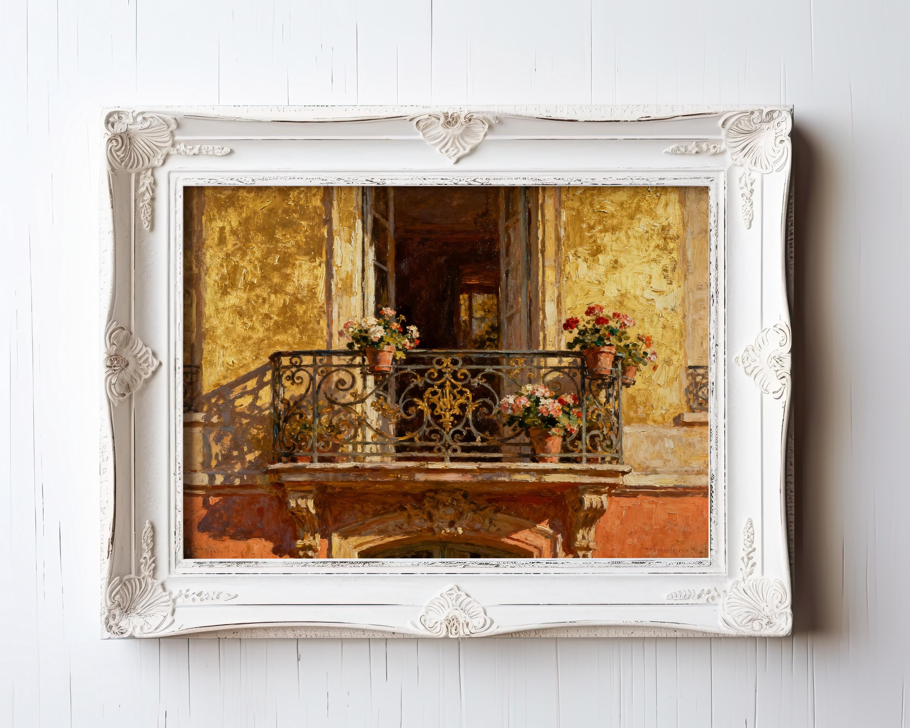 The Vintage Paris Balcony Print – Golden Facade Art with Flower Pots features a classic balcony against warm yellow-orange tones, available framed or unframed. Archival quality from the West & Wild Art Archive.