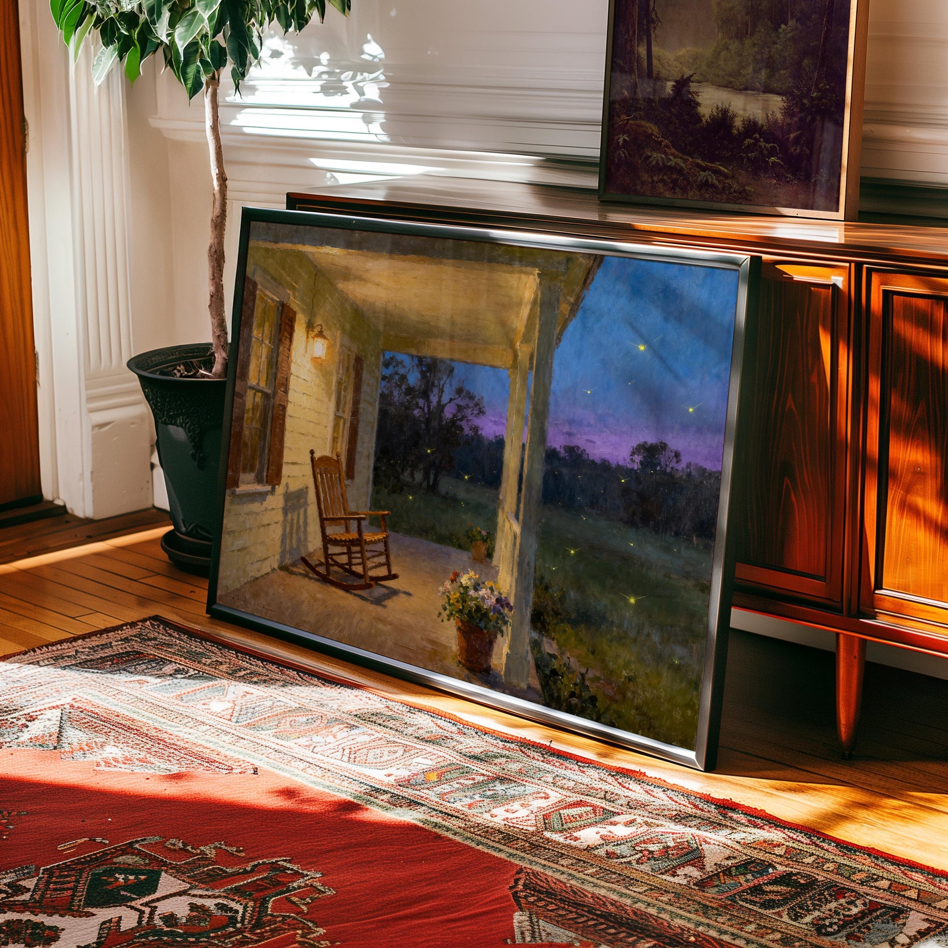 The Vintage Southern Porch Print features a rocking chair, potted flowers, and glowing fireflies at dusk. This archival-quality wall art comes framed or unframed for cozy, vintage style in any room.