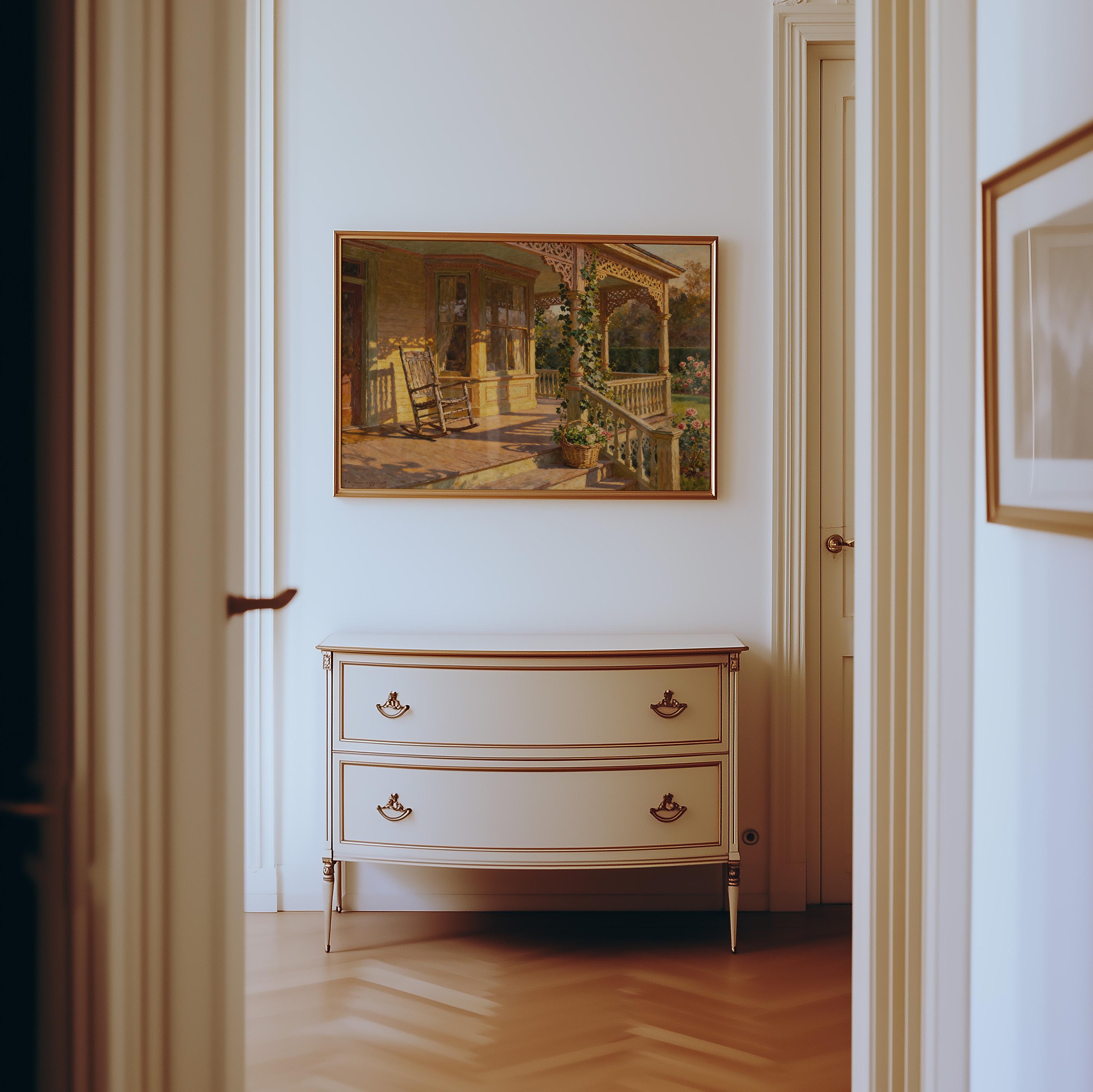 a hallway with a white dresser and a framed painting of a porch on the wall.