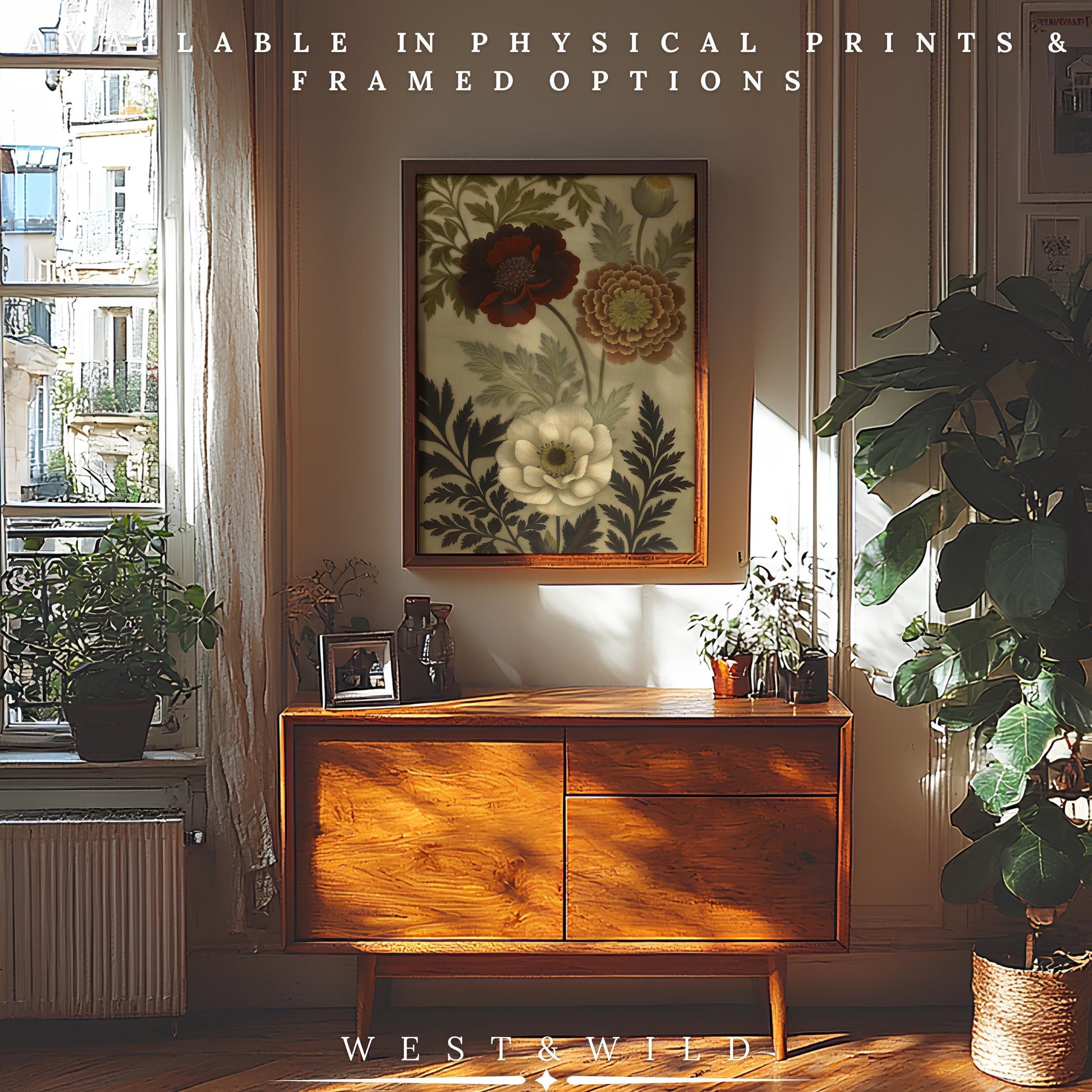 A sunlit room with large windows, potted plants, a wooden sideboard, and floral artwork; text reads Available in physical prints & framed options and features the Botanical Poppy Art Print – Luxury Floral Illustration.