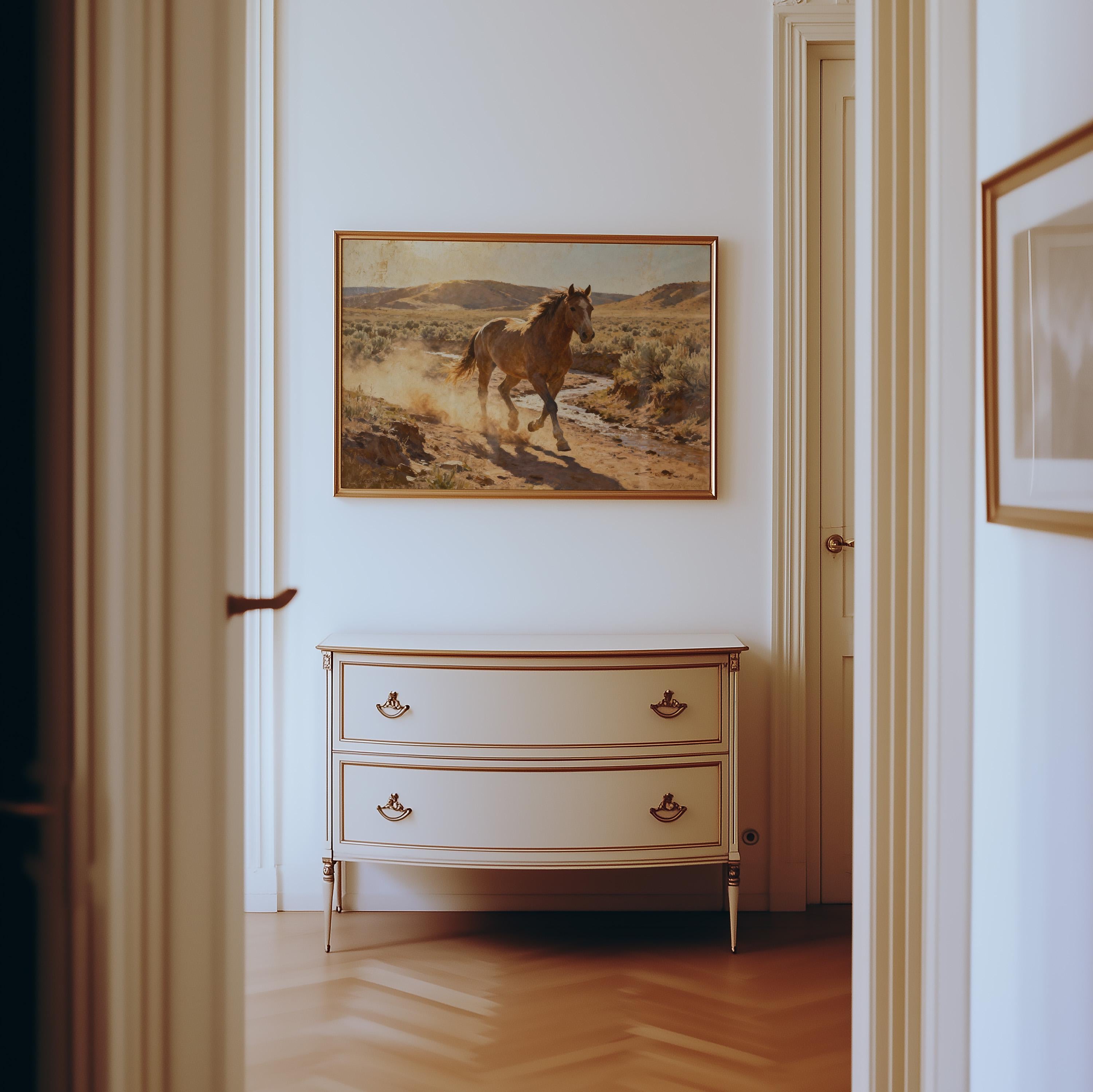 a hallway with a painting of a horse running on the wall, a white dresser with two drawers, and a doorway leading to another room.