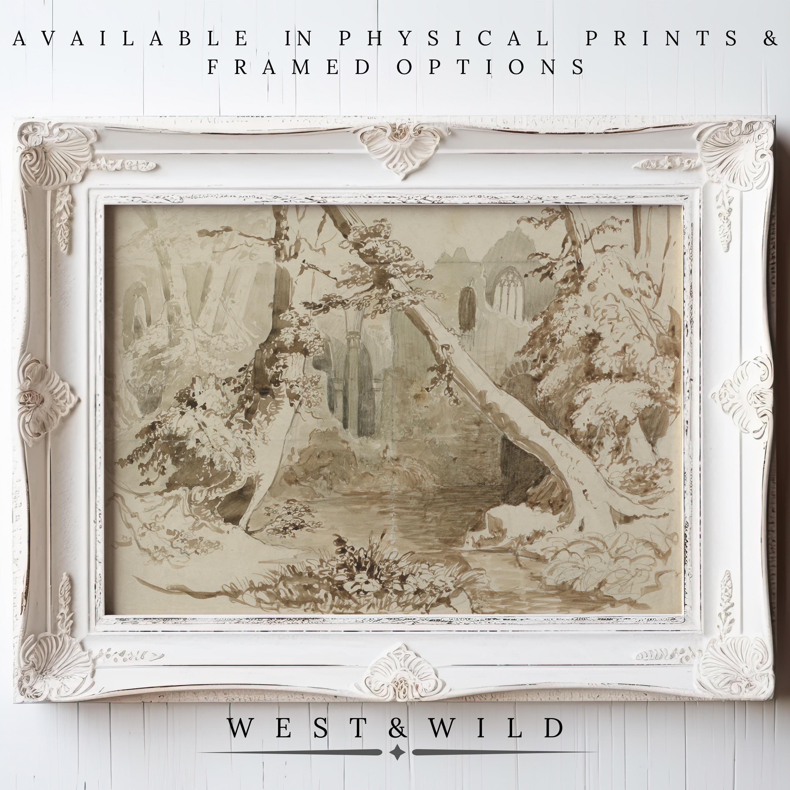 A 19th Century Forest Art print with neutral earthy tones is shown in an ornate white frame. Text above: Available in vintage art print & framed options. Below: West & Wild Art Archive. Perfect for cottage core decor.