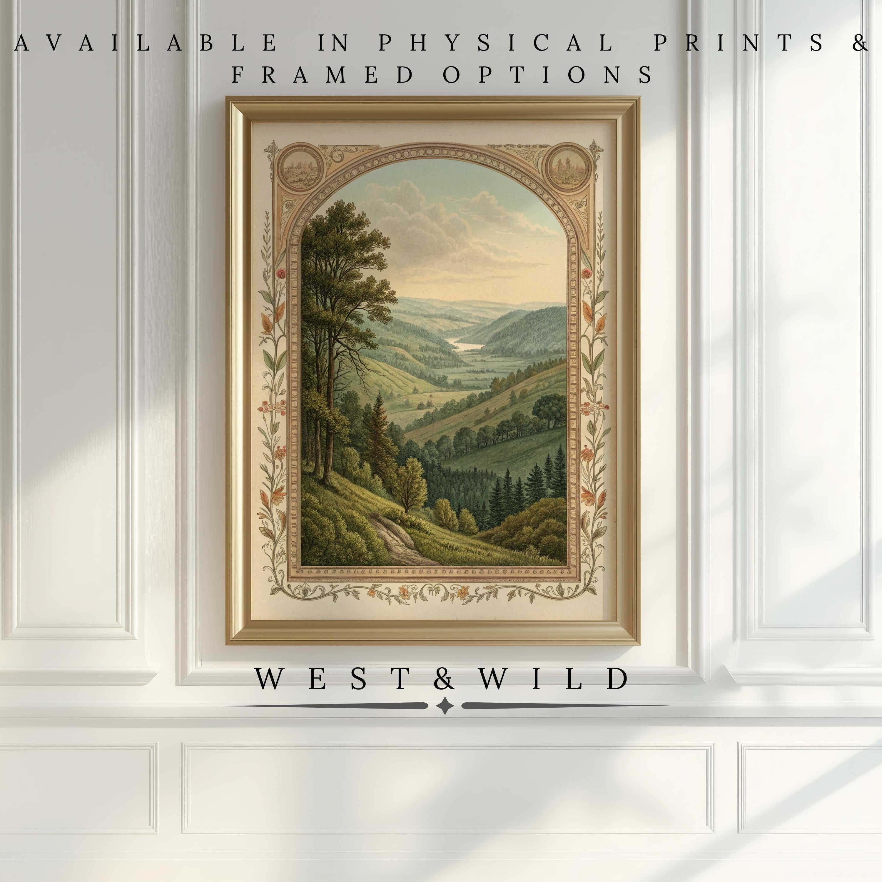 A Vintage Landscape Etching - Mountain Forest Art print hangs framed on a white wall, sunlight casting soft shadows. Above: Available in archival quality prints & frames; below: West & Wild Art Archive. Rustic farmhouse décor style.