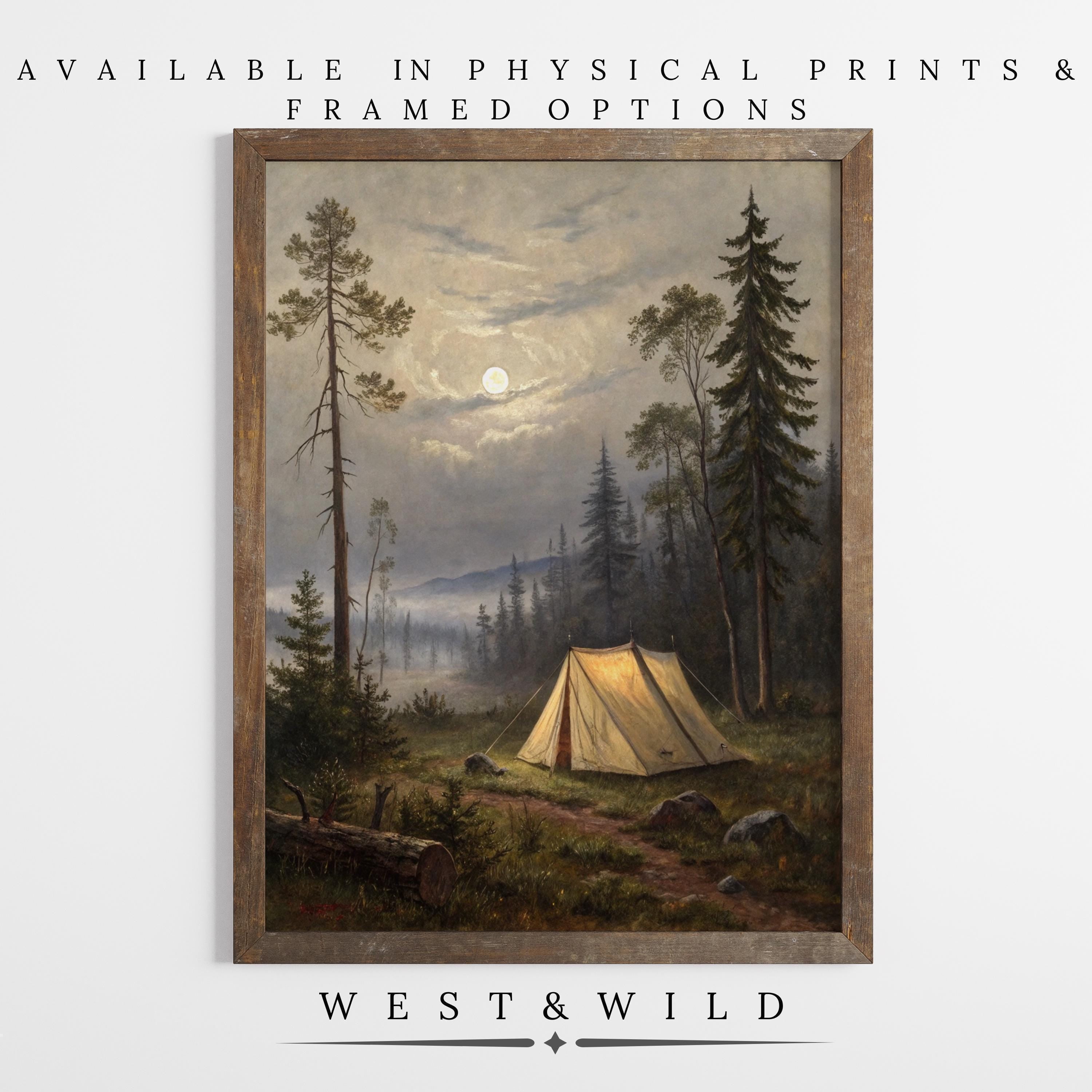 Misty Mountain Camping Print — Vintage Forest Landscape Wall Art features a yellow tent in a misty forest under a moonlit sky. Ideal camping decor for rustic cabins. Available as physical prints & framed options. WEST & WILD.
