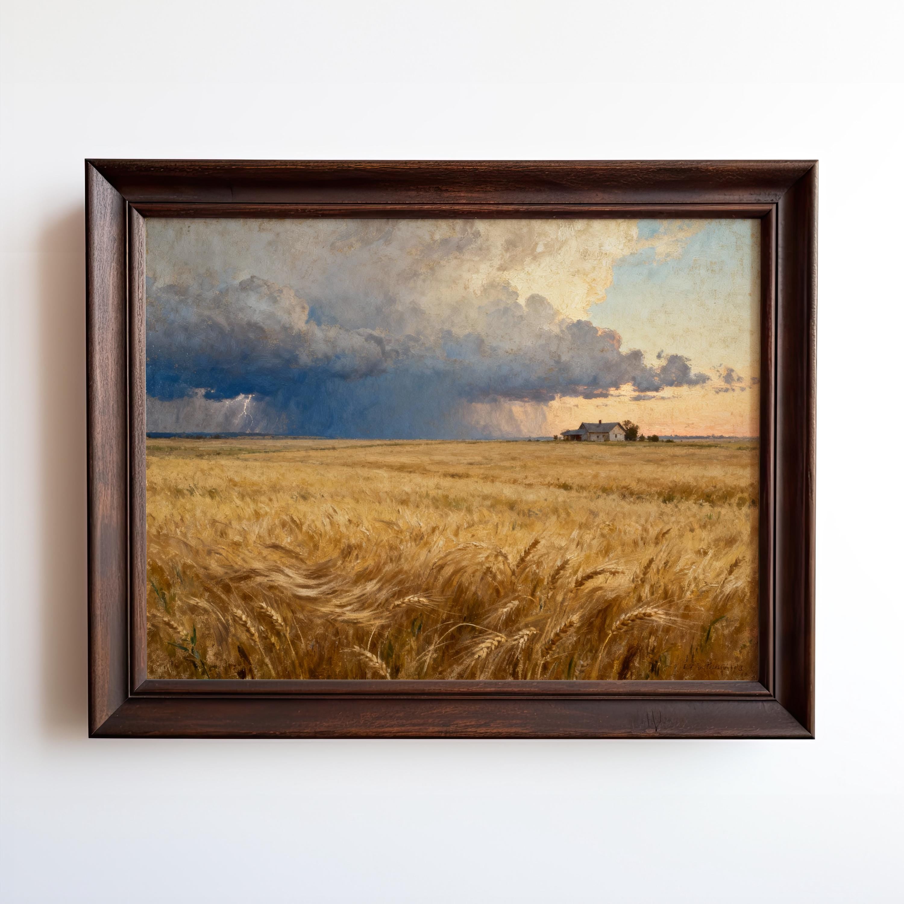 The image is a painting of a vast golden wheat field under a dramatic cloudy sky, with a small building visible in the distance.