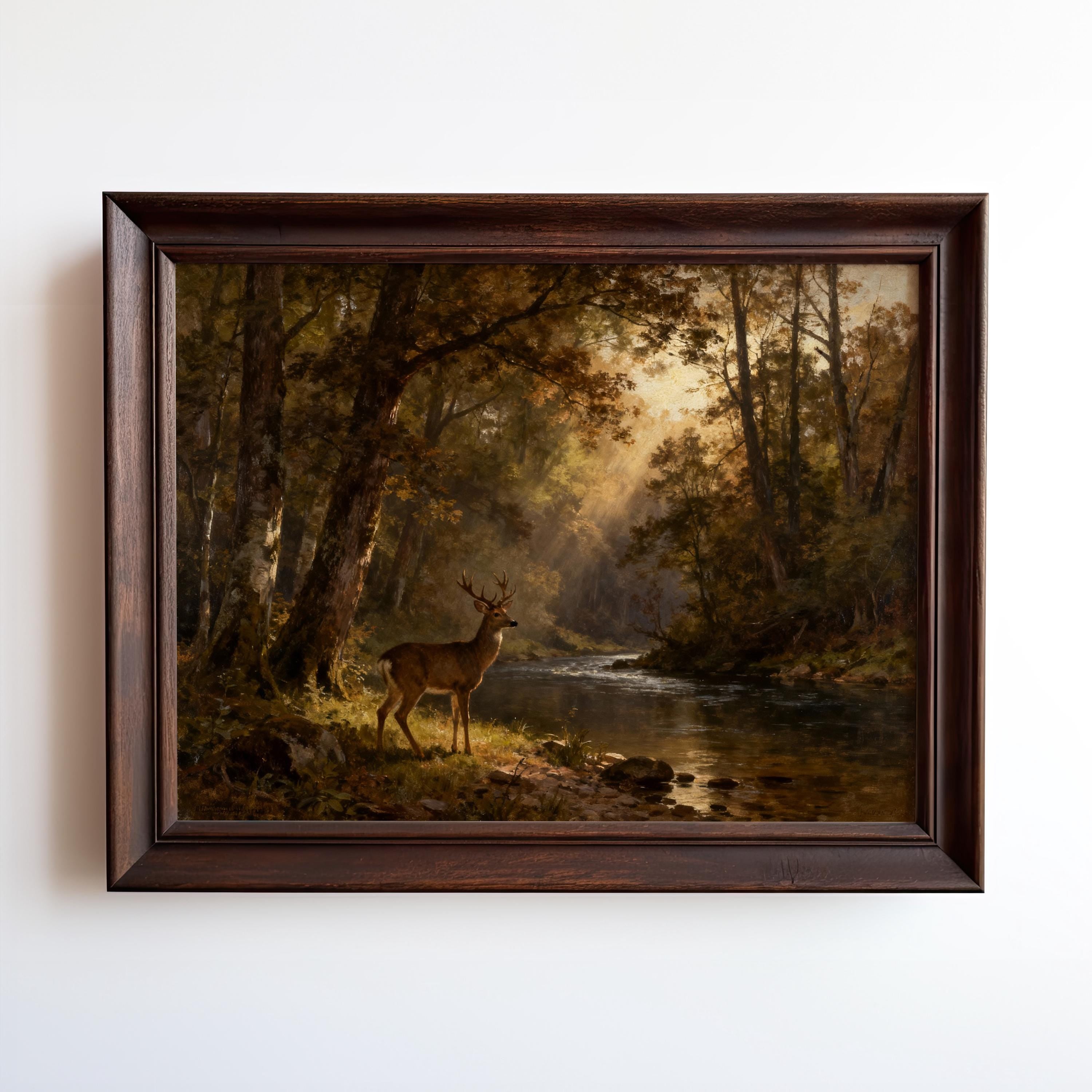 The Vintage Woodland Art Print – Deer River Painting features a serene deer by a sunlit river, tall forest trees, and warm sunbeams—ideal rustic cabin decor for a tranquil atmosphere.