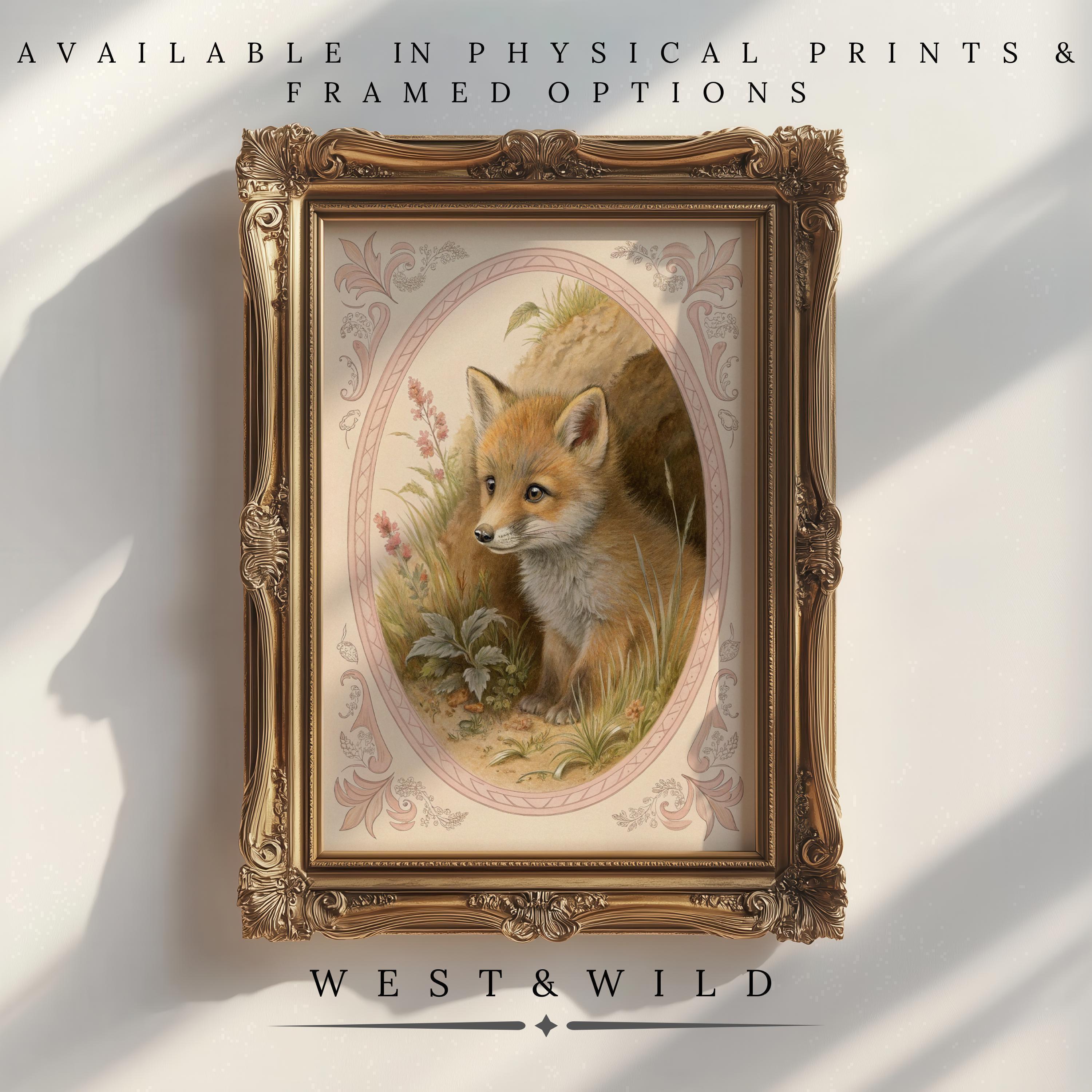 A framed Baby Fox Print – Victorian Nursery Art shows a young fox in a floral field, its ornate frame casting a soft shadow. Available as archival quality prints & framed art from West & Wild Art Archive for charming kids room decor.