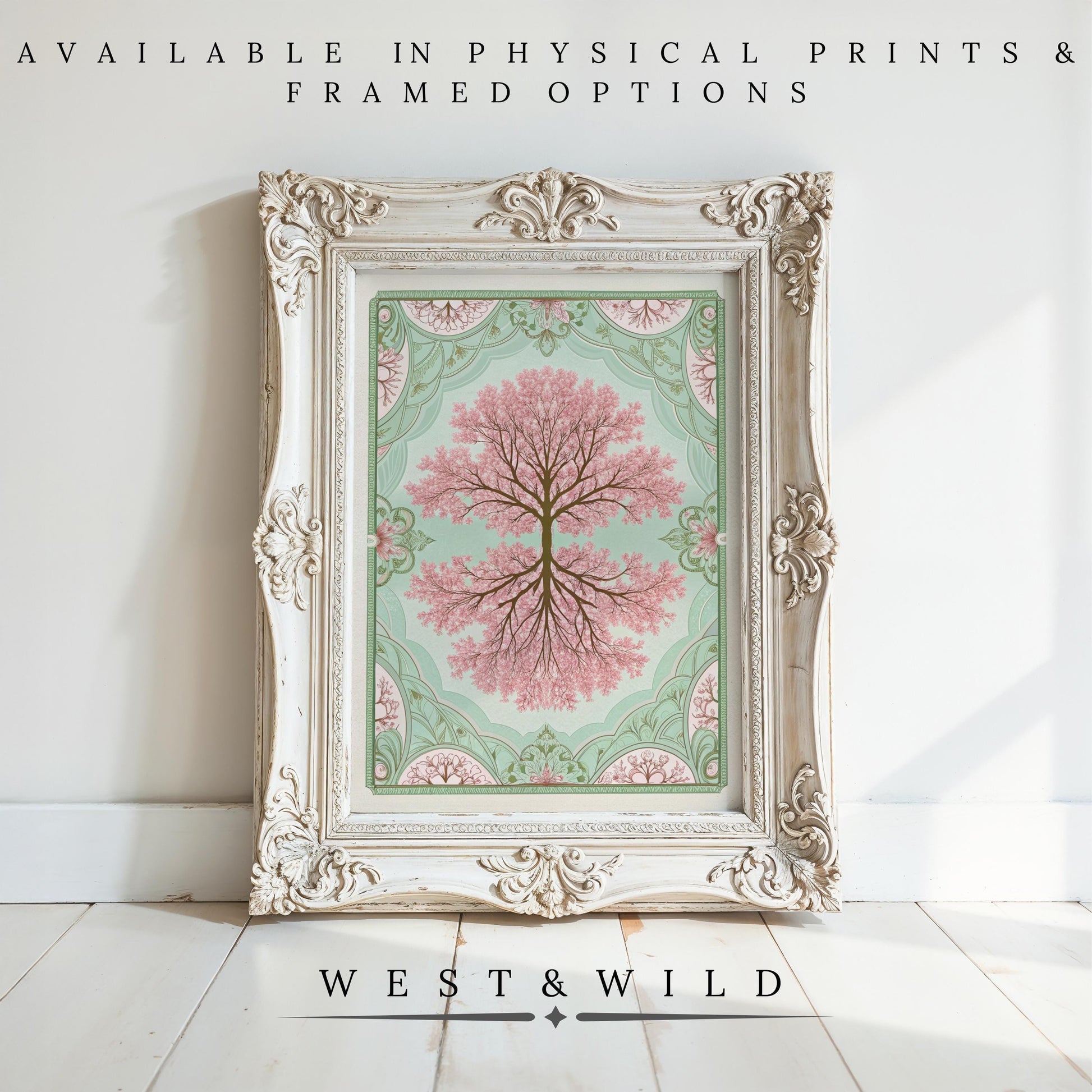 A Victorian Cherry Blossom Art print—botanical floral pink artwork—is displayed in a white ornate frame on a white wood floor against a white wall. Available as archival-quality prints and framed art. West & Wild Art Archive.