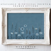 A white ornate frame displays the "Vintage Floral Art Print – Teal Botanical Artwork | Classic Nature Illustration." Available as physical prints or framed, with “WEST & WILD” below. Ideal botanical wall decor for any space.