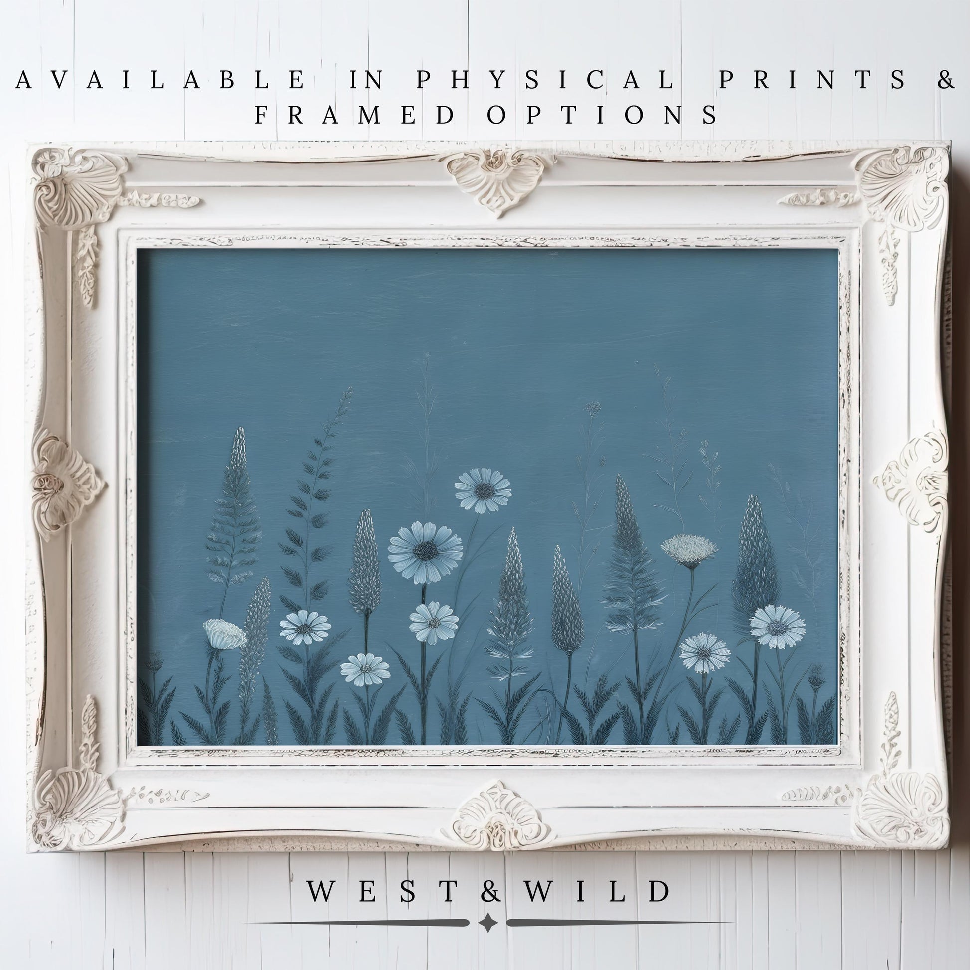A white ornate frame displays the "Vintage Floral Art Print – Teal Botanical Artwork | Classic Nature Illustration." Available as physical prints or framed, with “WEST & WILD” below. Ideal botanical wall decor for any space.