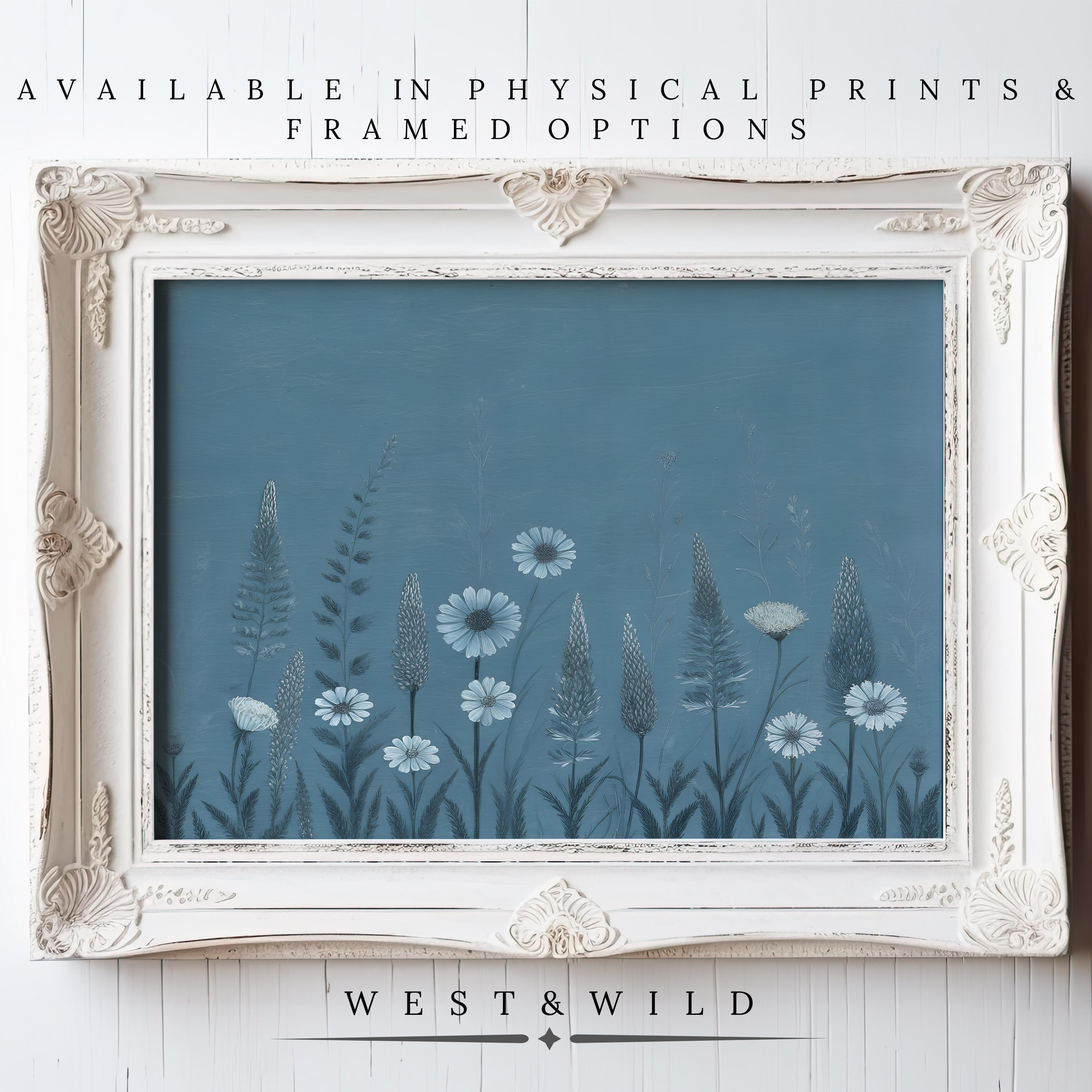 A white ornate frame displays the "Vintage Floral Art Print – Teal Botanical Artwork | Classic Nature Illustration." Available as physical prints or framed, with “WEST & WILD” below. Ideal botanical wall decor for any space.
