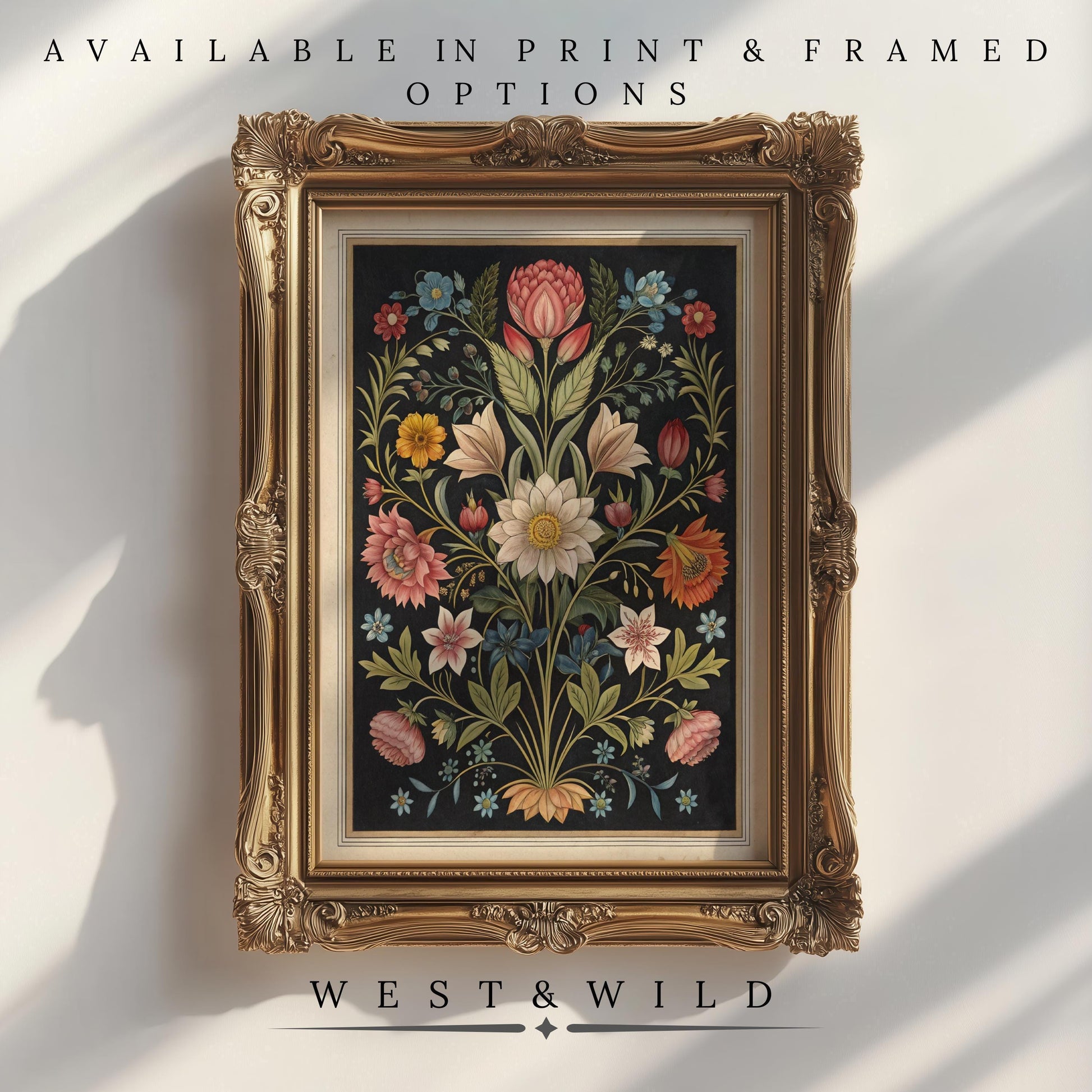 A gold ornate frame displays a floral artwork with colorful flowers and green leaves on a dark background. Available as "Vintage Botanical Wall Art – Framed Floral Prints, Dark Flower Paintings for Country Home.
