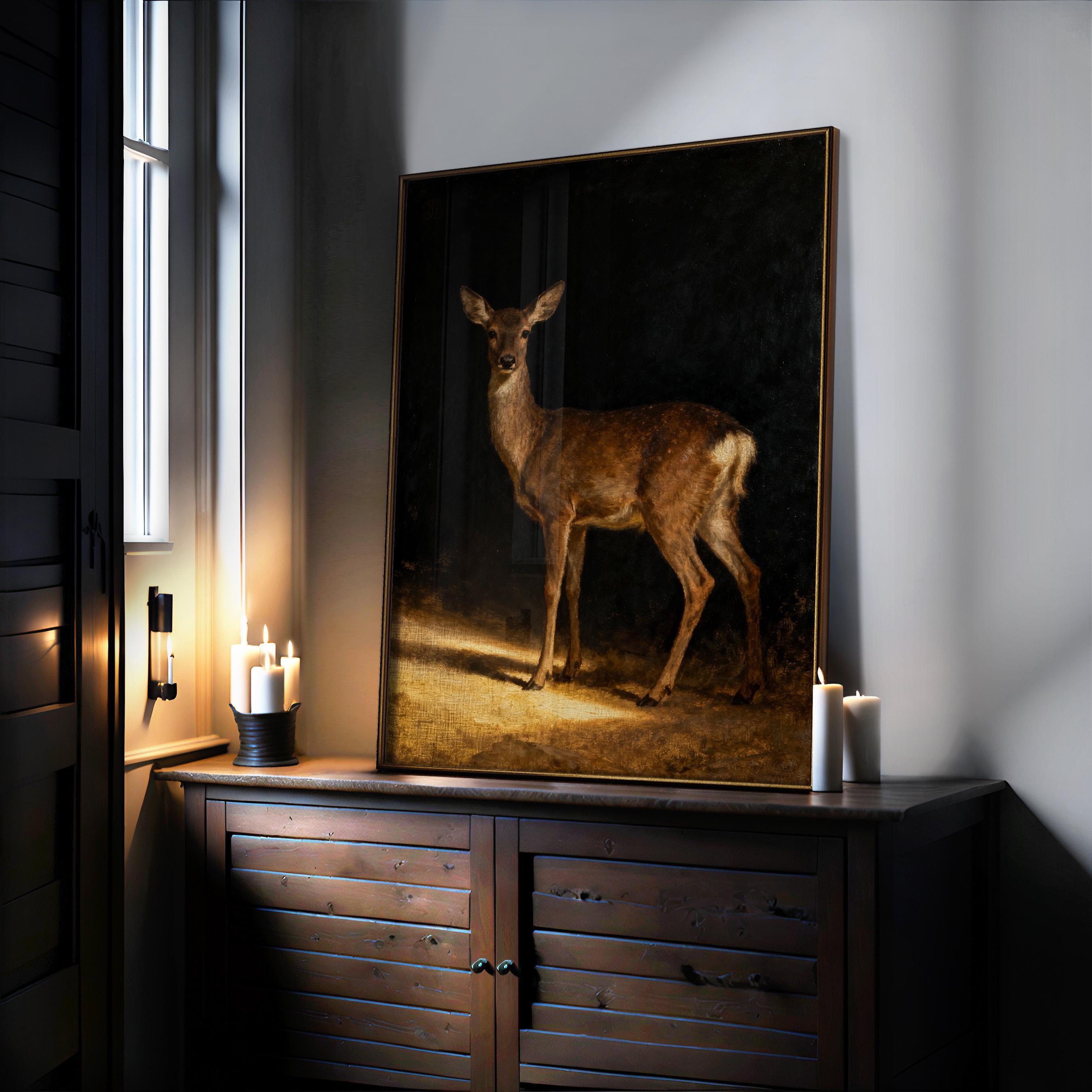 a large painting of a deer standing in a dark room, with a window and candles in the background.