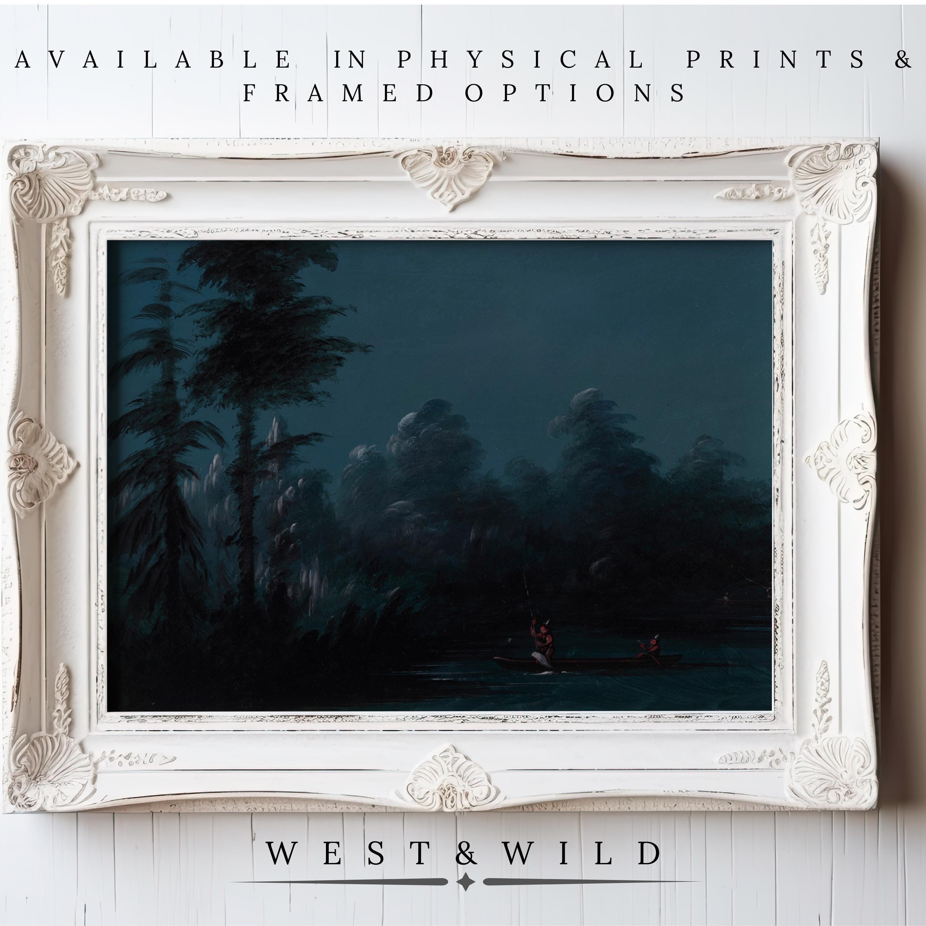 A vintage-style white frame showcases “Midnight Blue Artwork – South American Landscape Art Print,” featuring a dark landscape with trees and a river. Text above says Archival Quality prints & framed options, with “West & Wild” below.