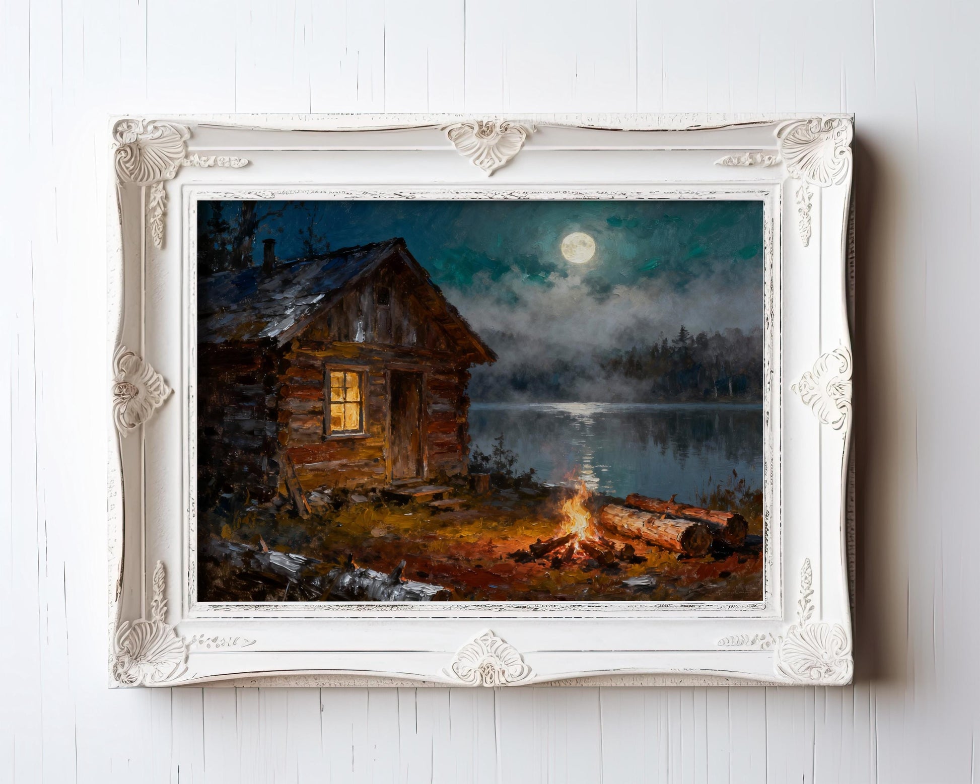A Vintage Log Cabin Print featuring rustic cabin art with a campfire glow and moonlit lake, available as vintage art prints and framed art.