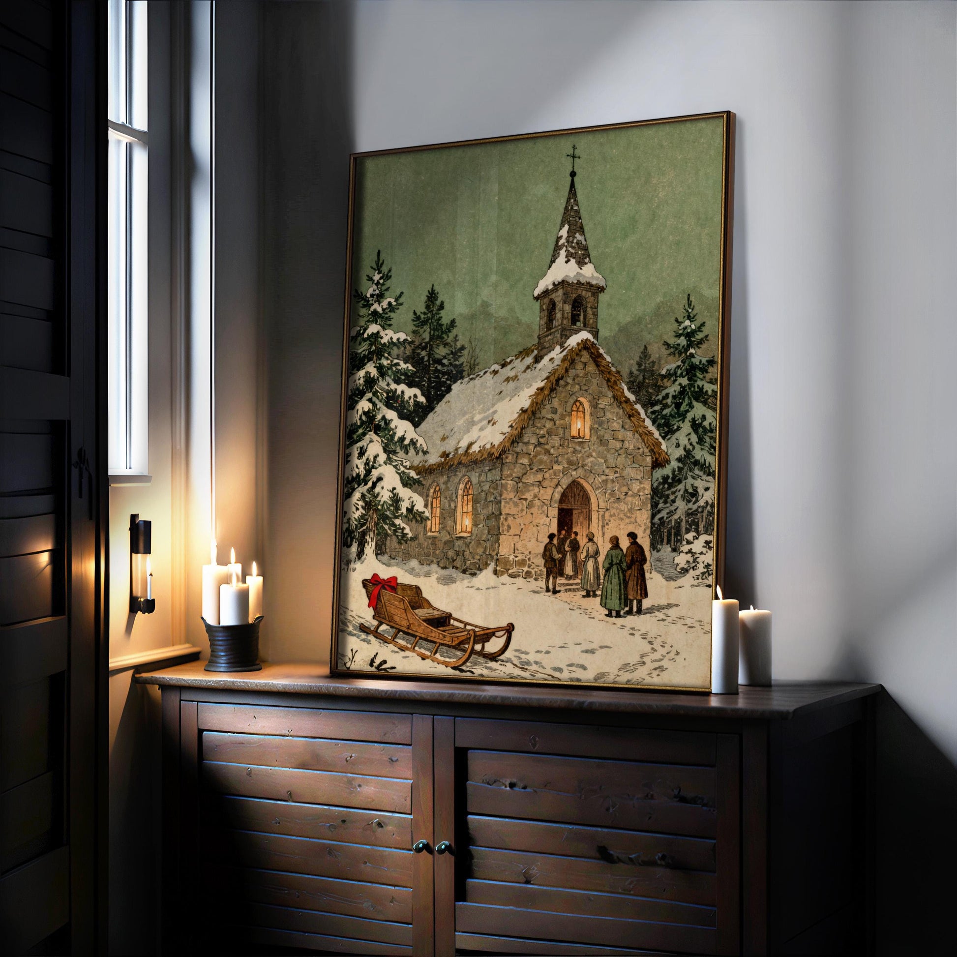 a cozy winter scene with a stone church, a sled, and people gathered outside.