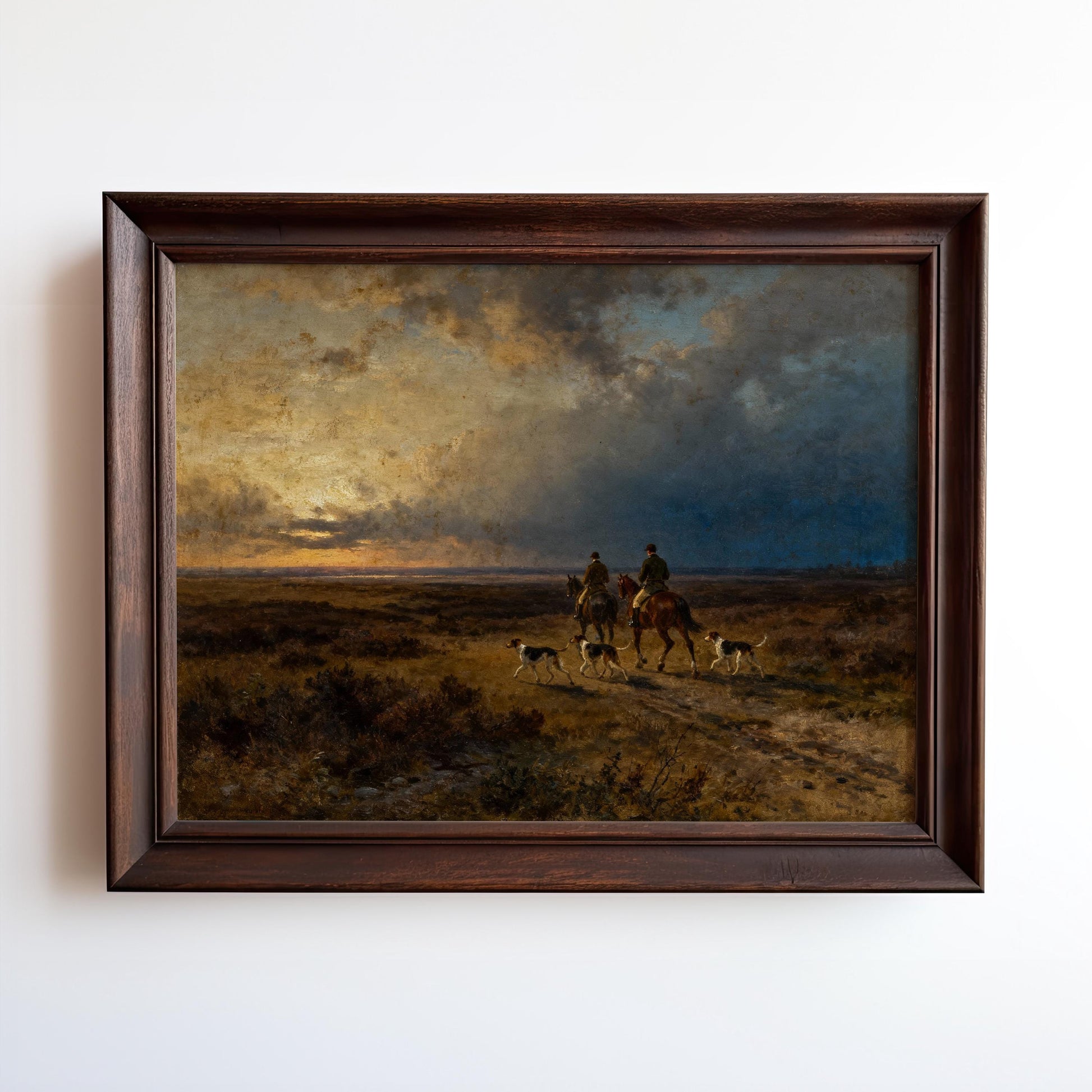 The image is a painting depicting two men on horseback, accompanied by a dog, in a rural landscape with a cloudy sky.