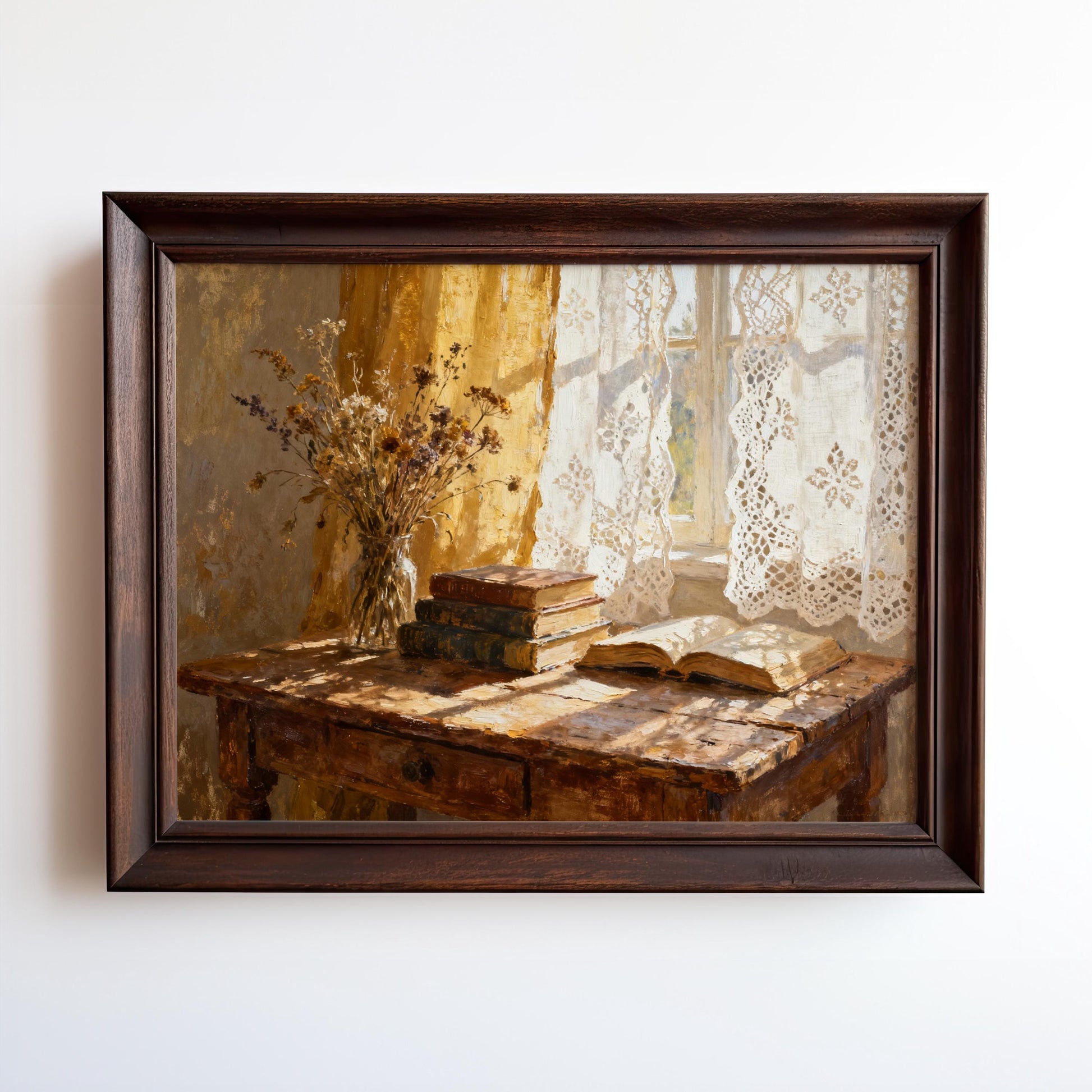 The image is a painting of a wooden table with a vase of flowers, a stack of books, and a lace curtain.