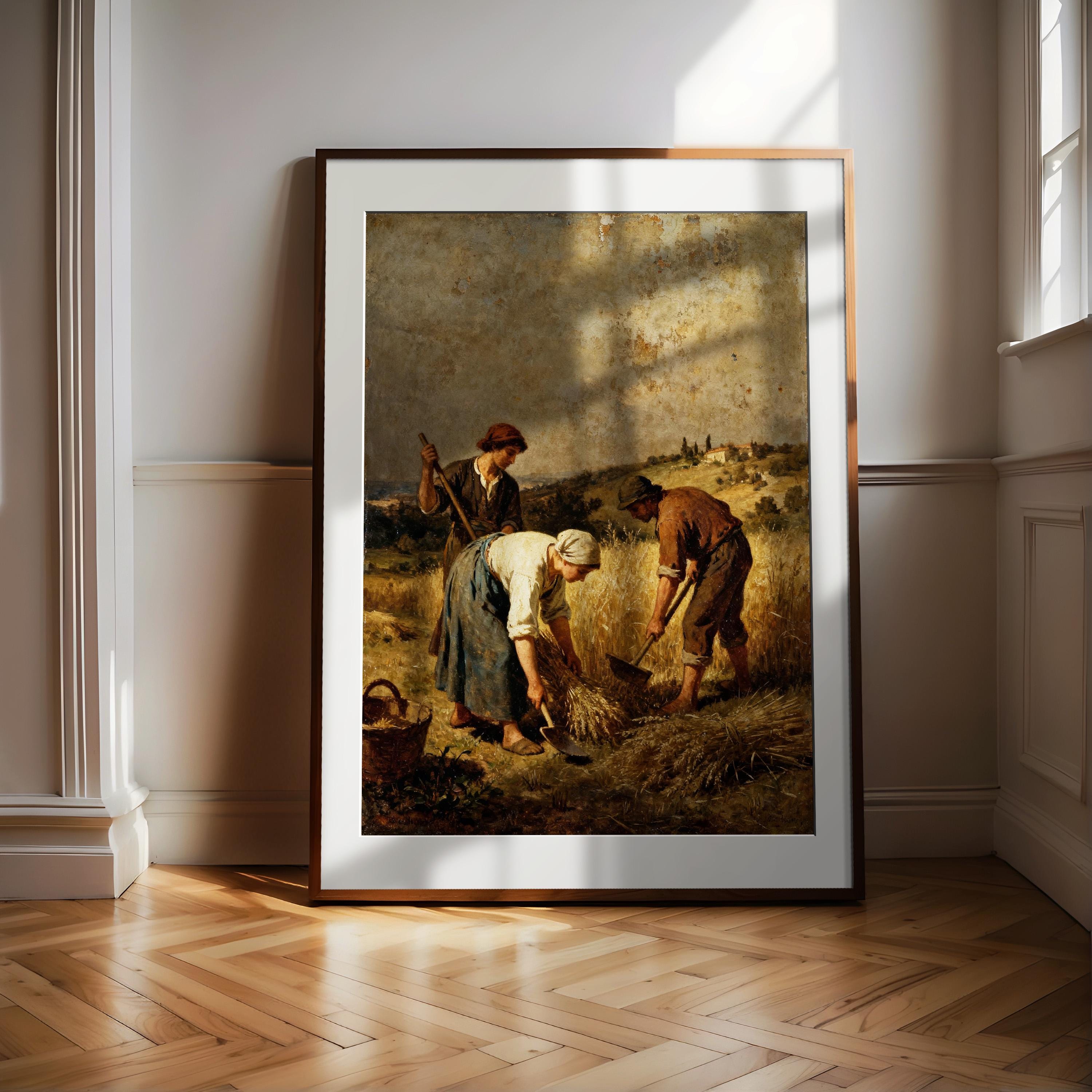 The image is a painting of three people working in a field, with one person holding a basket.