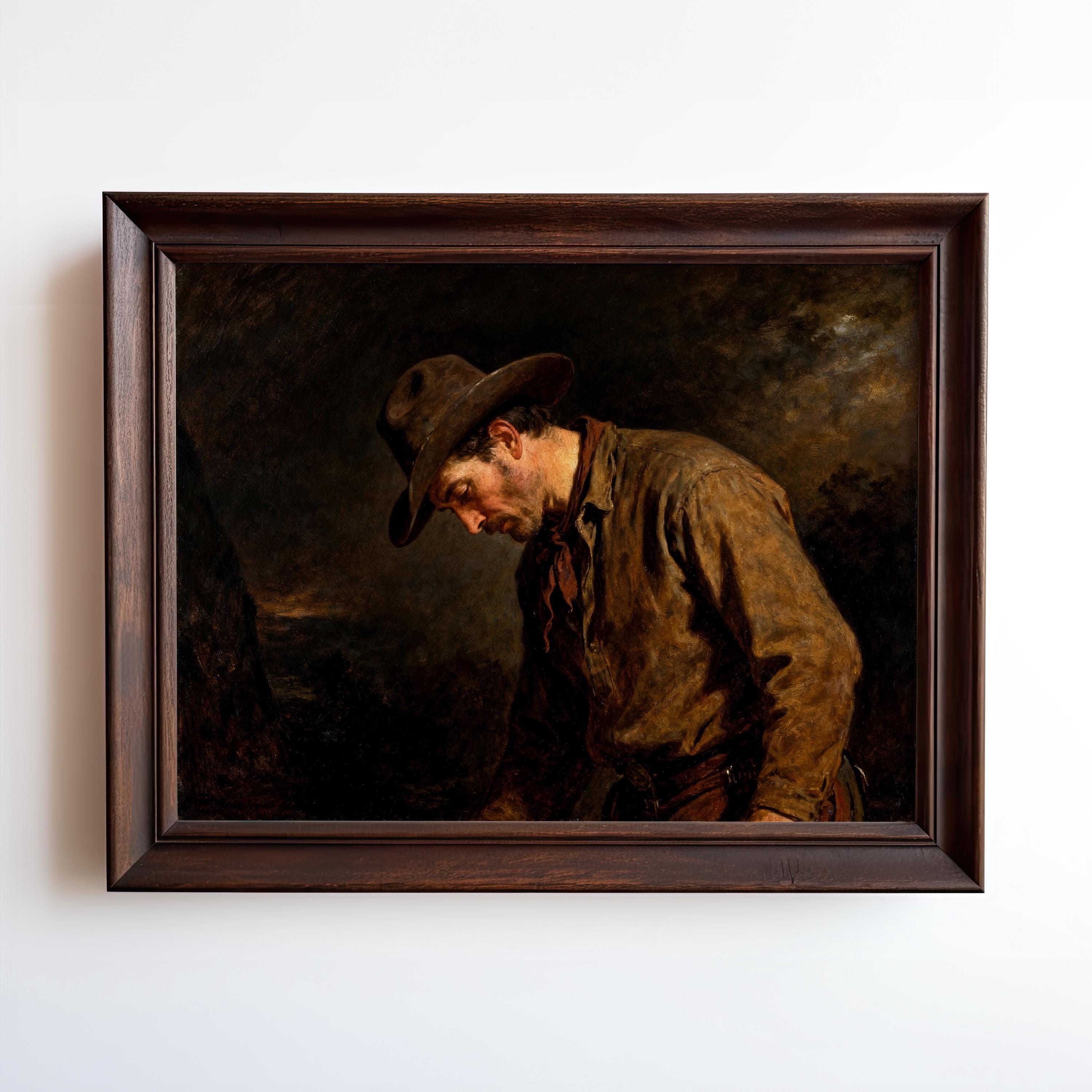 The image is a painting of a man wearing a hat and a brown jacket, standing in a dark, moody setting.